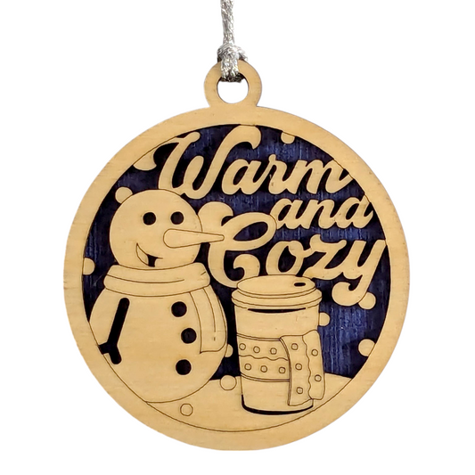 Rustic Wood Snowman Ornament - 3" Round "Warm and Cozy" Coffee Theme - Handmade 2-Layer Christmas Tree Decor from Oregon