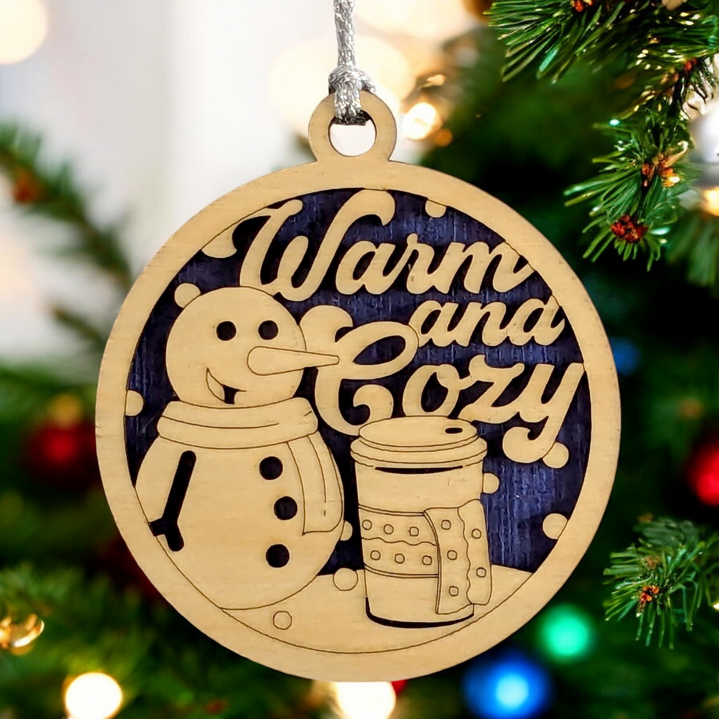 Rustic Wood Snowman Ornament - 3" Round "Warm and Cozy" Coffee Theme - Handmade 2-Layer Christmas Tree Decor from Oregon