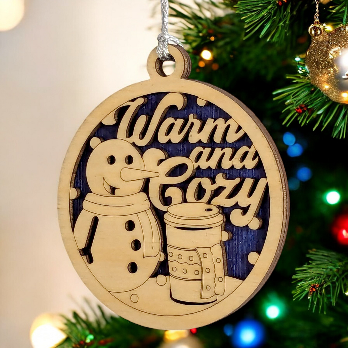 Rustic Wood Snowman Ornament - 3" Round "Warm and Cozy" Coffee Theme - Handmade 2-Layer Christmas Tree Decor from Oregon