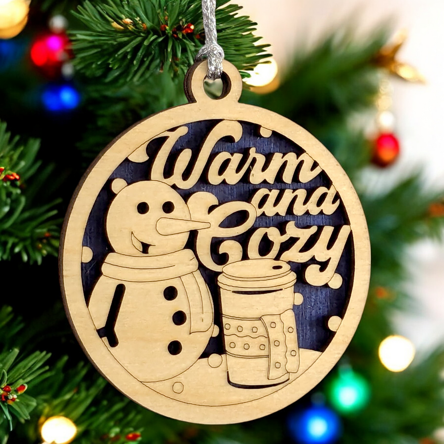 Rustic Wood Snowman Ornament - 3" Round "Warm and Cozy" Coffee Theme - Handmade 2-Layer Christmas Tree Decor from Oregon