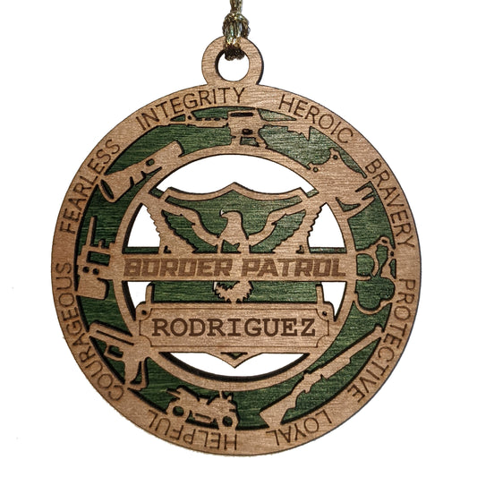 3" Laser Cut Handcrafted Wooden Personalized Border Patrol Christmas Ornament - Custom Cut Background First Responder Holiday Decor