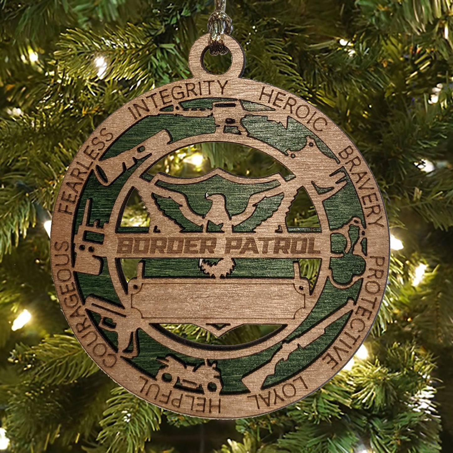 3" Laser Cut Handcrafted Wooden Personalized Border Patrol Christmas Ornament - Custom Cut Background First Responder Holiday Decor