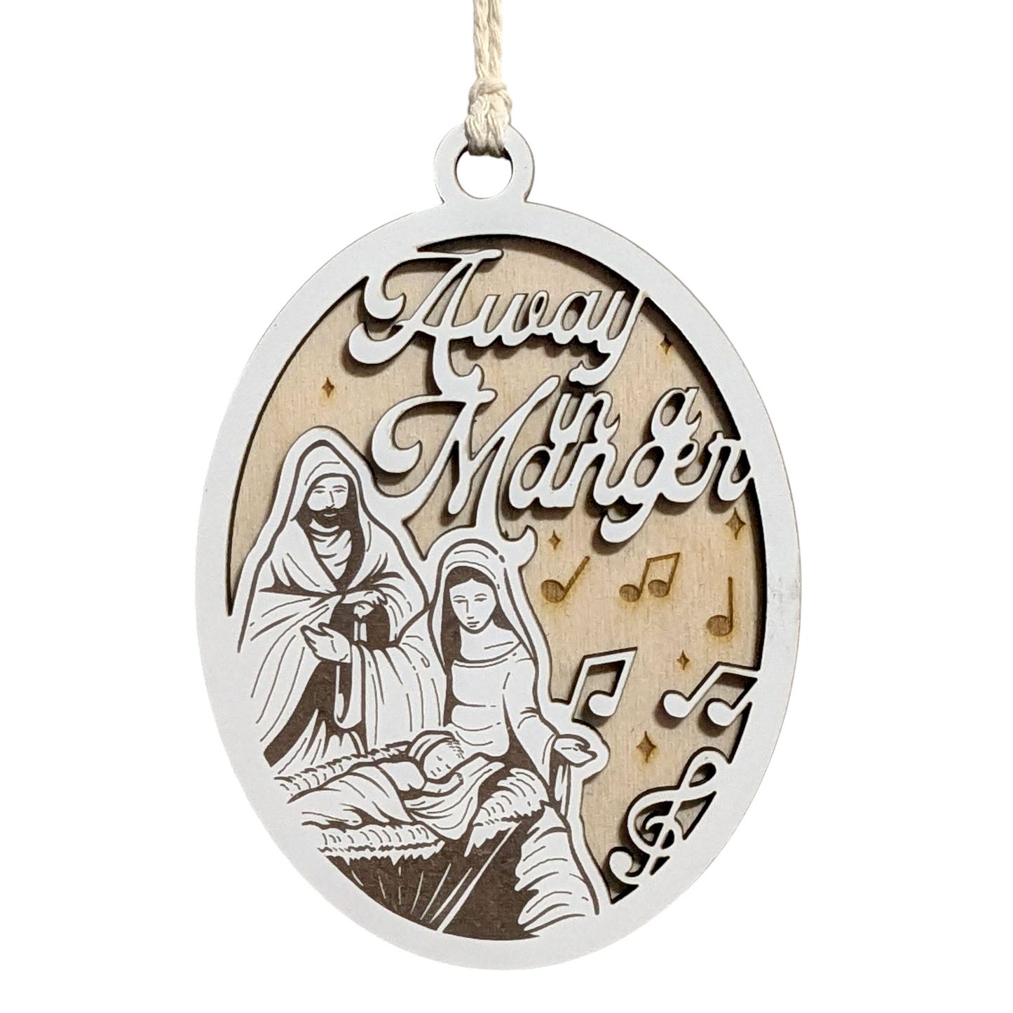 "Away In A Manger" 3.5"-5" Oval Laser Cut Wooden Christmas Ornament, Handcrafted in USA, Manger Scene with Joseph, Mary & Baby Jesus,  Phrase & Music Notes