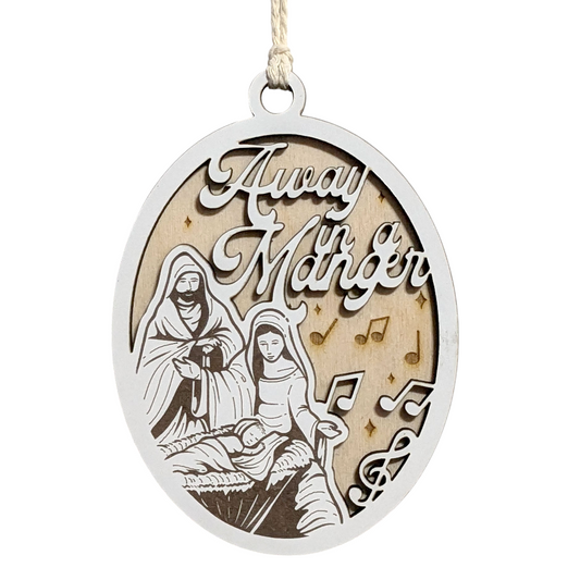 "Away In A Manger" 3.5"-5" Oval Laser Cut Wooden Christmas Ornament, Handcrafted in USA, Manger Scene with Joseph, Mary & Baby Jesus,  Phrase & Music Notes
