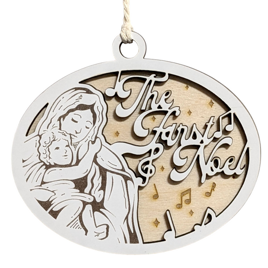 "The First Noel" 3.5"-5" Oval Laser Cut Wooden Christmas Ornament, Handcrafted in USA, Whiteboard & Natural Wood Layers, Mary & Baby Jesus Scene with Music Notes