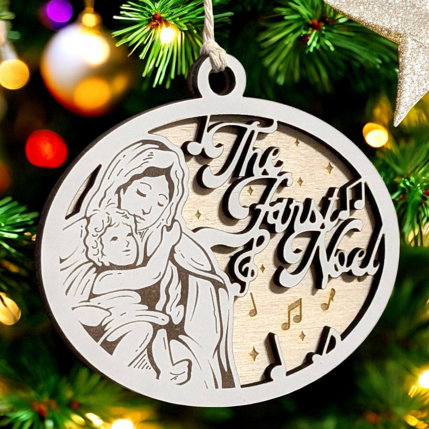 "The First Noel" 3.5"-5" Oval Laser Cut Wooden Christmas Ornament, Handcrafted in USA, Whiteboard & Natural Wood Layers, Mary & Baby Jesus Scene with Music Notes