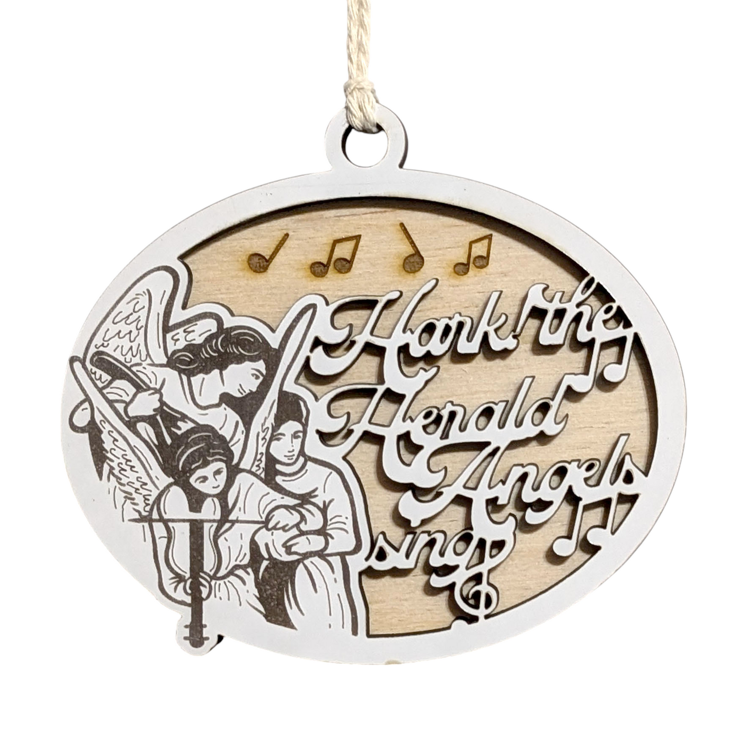 "Hark! The Herald Angels Sing" Scene 3.5"-5" Oval Wooden Christmas Ornament, Handcrafted in USA by Small Business, Two-Layer Design with Whiteboard Top & Natural Wood Base, Featuring Angels