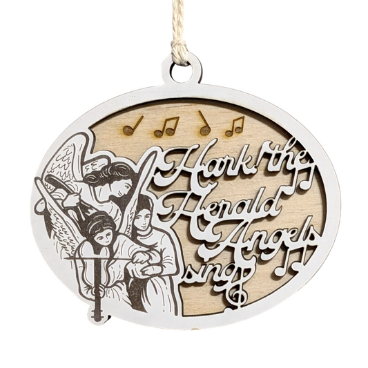 "Hark! The Herald Angels Sing" Scene 3.5"-5" Oval Wooden Christmas Ornament, Handcrafted in USA by Small Business, Two-Layer Design with Whiteboard Top & Natural Wood Base, Featuring Angels