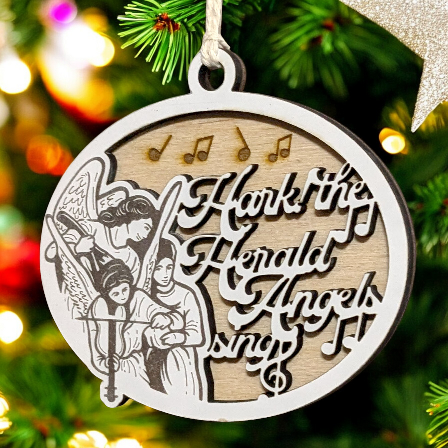 "Hark! The Herald Angels Sing" Scene 3.5"-5" Oval Wooden Christmas Ornament, Handcrafted in USA by Small Business, Two-Layer Design with Whiteboard Top & Natural Wood Base, Featuring Angels