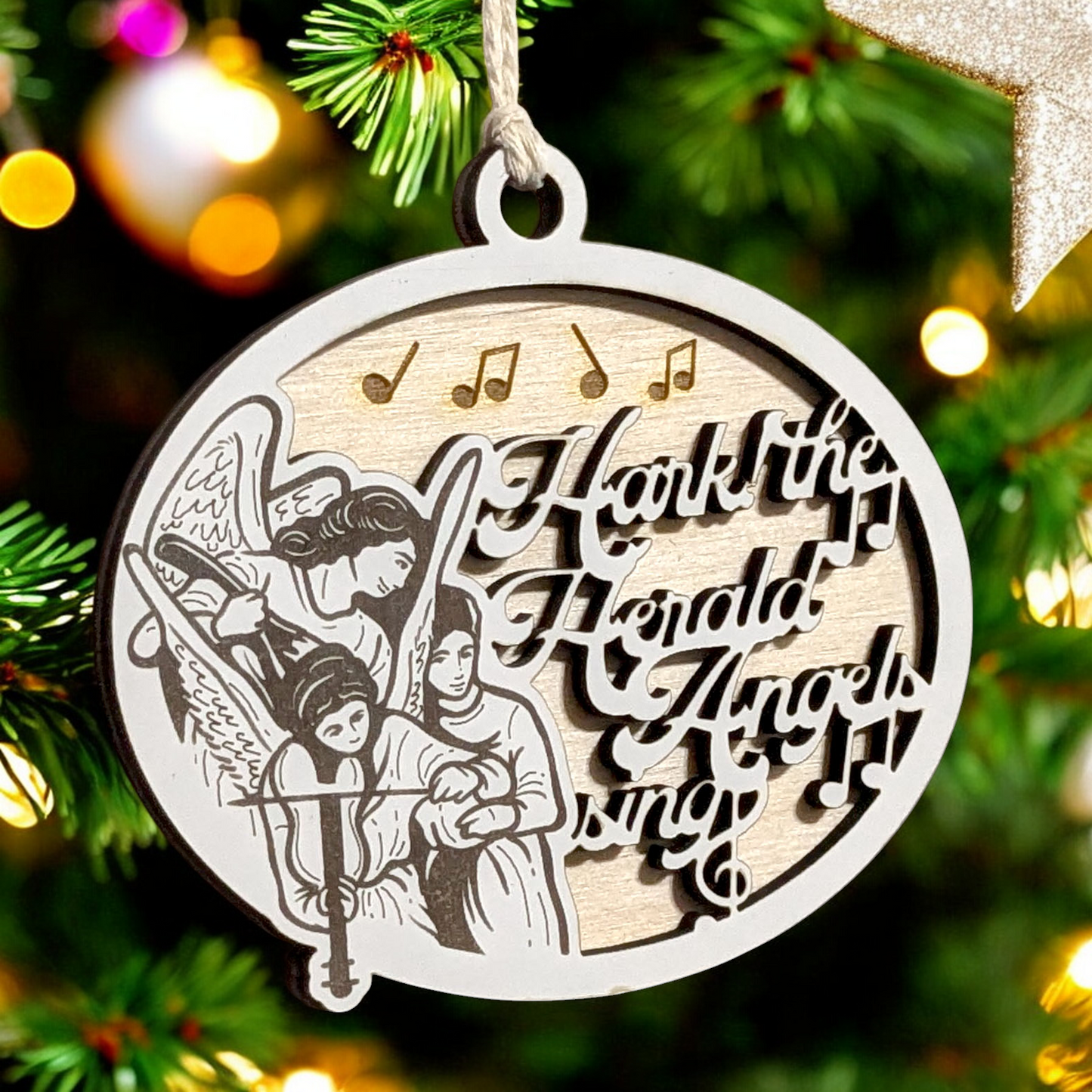 "Hark! The Herald Angels Sing" Scene 3.5"-5" Oval Wooden Christmas Ornament, Handcrafted in USA by Small Business, Two-Layer Design with Whiteboard Top & Natural Wood Base, Featuring Angels