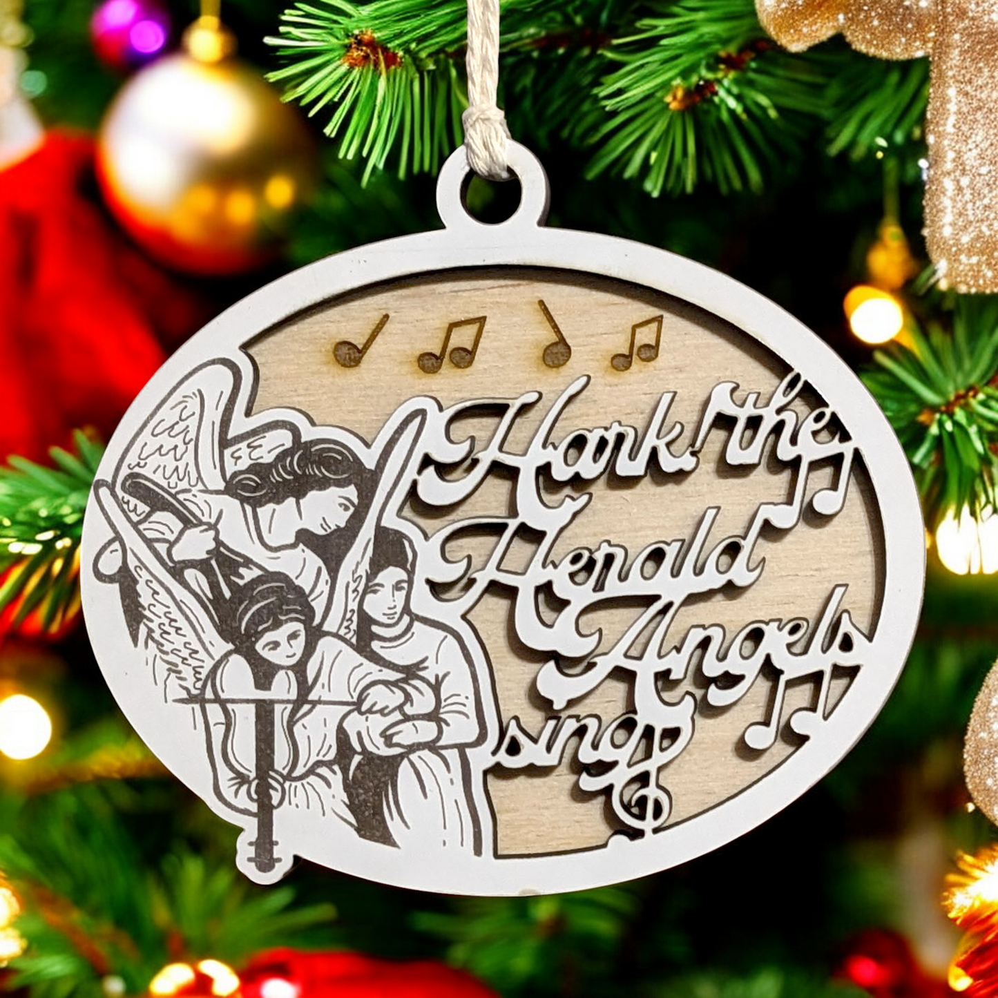 "Hark! The Herald Angels Sing" Scene 3.5"-5" Oval Wooden Christmas Ornament, Handcrafted in USA by Small Business, Two-Layer Design with Whiteboard Top & Natural Wood Base, Featuring Angels