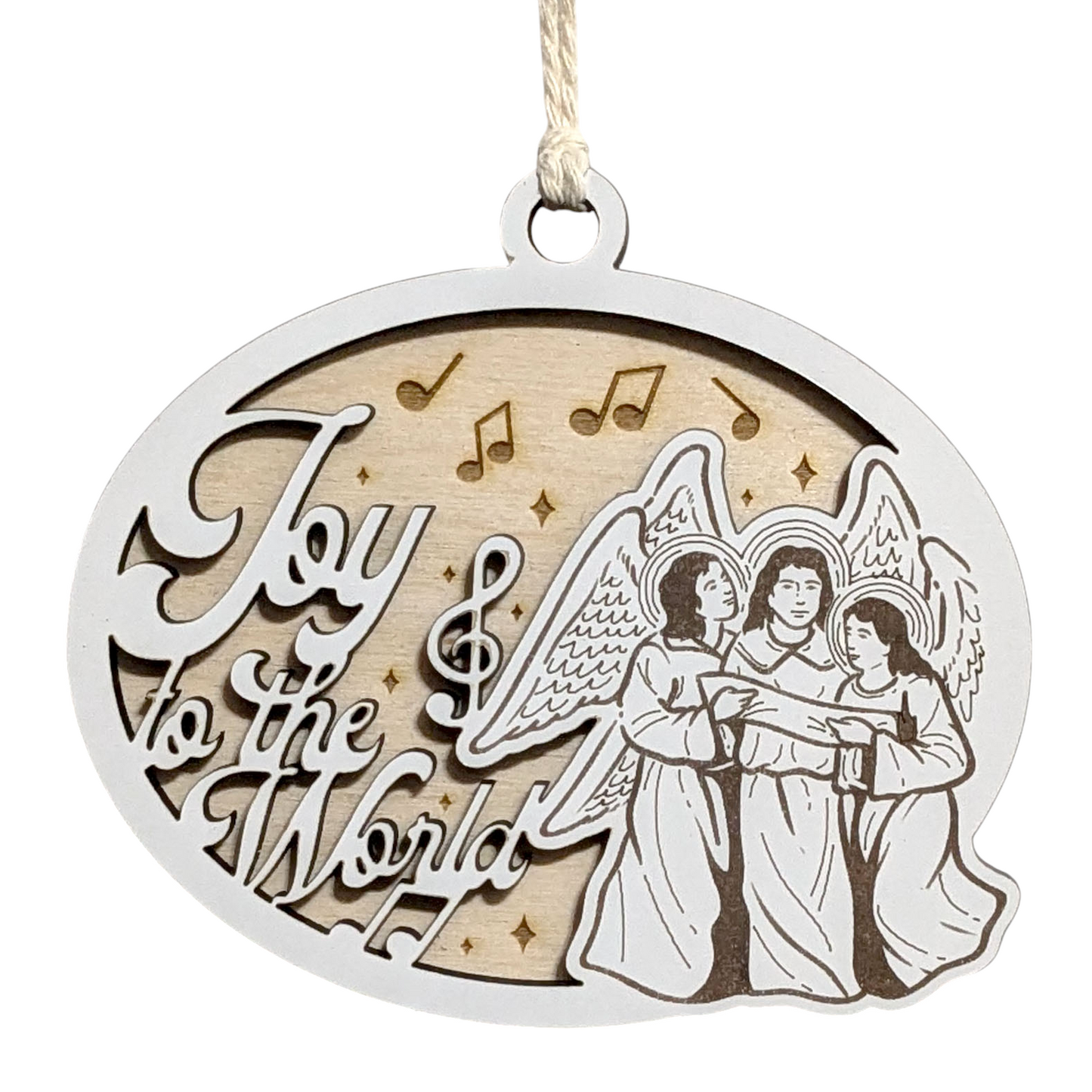 "Joy To The World" 3.5"-5" Oval Laser Cut Wooden Christmas Ornament, Handcrafted in USA, Two-Layer Design with Whiteboard & Natural Wood, Features Angels