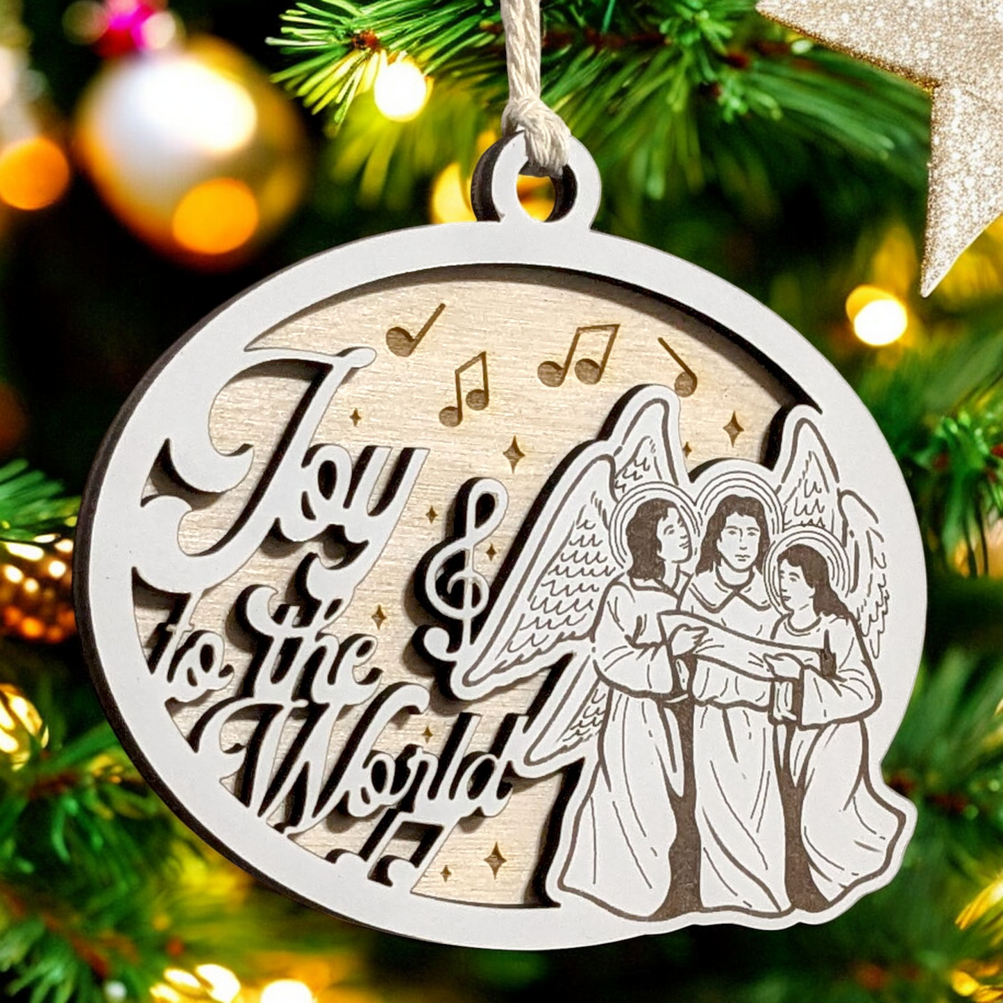 "Joy To The World" 3.5"-5" Oval Laser Cut Wooden Christmas Ornament, Handcrafted in USA, Two-Layer Design with Whiteboard & Natural Wood, Features Angels
