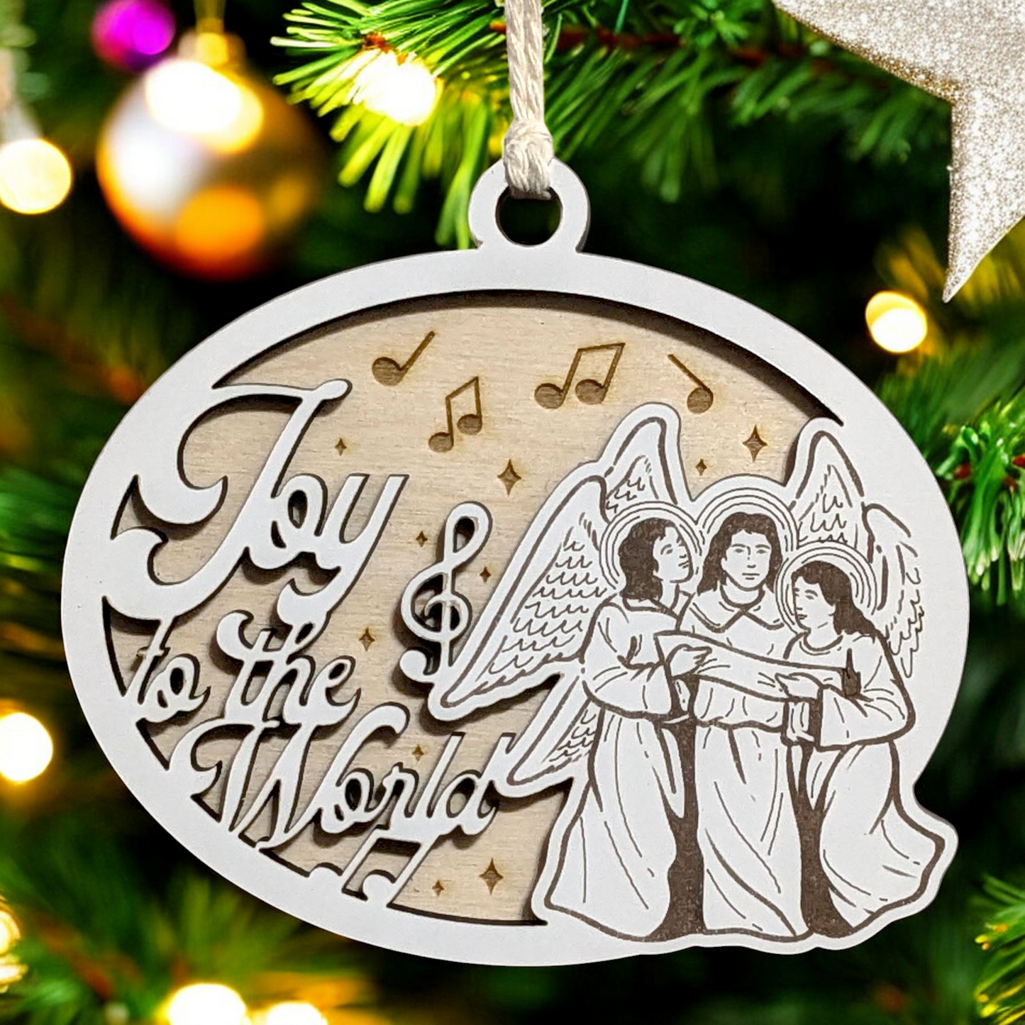 "Joy To The World" 3.5"-5" Oval Laser Cut Wooden Christmas Ornament, Handcrafted in USA, Two-Layer Design with Whiteboard & Natural Wood, Features Angels