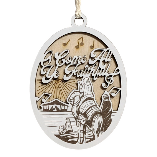 "O Come All Ye Faithful" 3.5"-5" Oval Laser Cut Wooden Christmas Ornament, Handcrafted in USA, Whiteboard & Natural Wood Layers, Wise Men Scene with Star & Music Notes