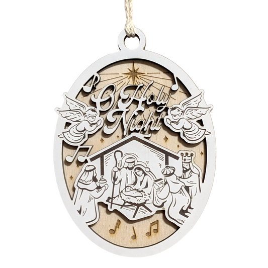 "O Holy Night" 3.5"-5" Oval Laser Cut Wooden Christmas Ornament, Handcrafted in USA, Whiteboard & Natural Wood Layers, Manger Scene with Jesus, Mary & Joseph, Angels & Music Notes