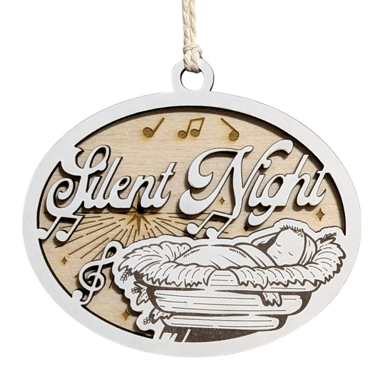 "Silent Night" 3.5"-5" Oval Laser Cut Wooden Christmas Ornament, Handcrafted in USA, Manger Scene with Baby Jesus & Music Notes, Whiteboard & Natural Wood Layers