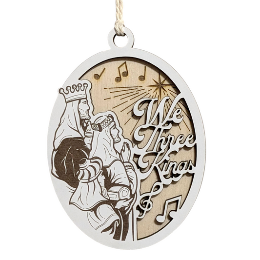 "We Three Kings" 3.5"-5" Oval Laser Cut Wooden Christmas Ornament, Handcrafted in USA - Unique Two-Layer Design with Whiteboard & Natural Wood, Features Three Wise Men Scene & Phrase