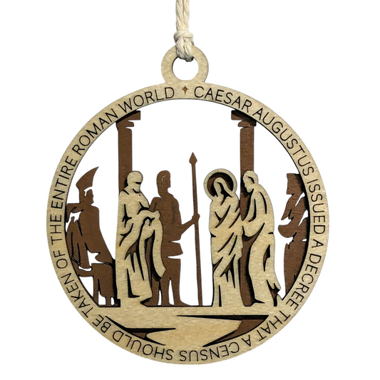 Set of 8 Handcrafted 3.5" Round Wooden Christmas Story Ornaments, 2-Layer Laser Cut Design, Natural & Stained Wood, Featuring Bible Verses Luke 2:1, 2:7, 2:10, Matthew 2:2, 2:11, Proverbs 3:6, 6:20