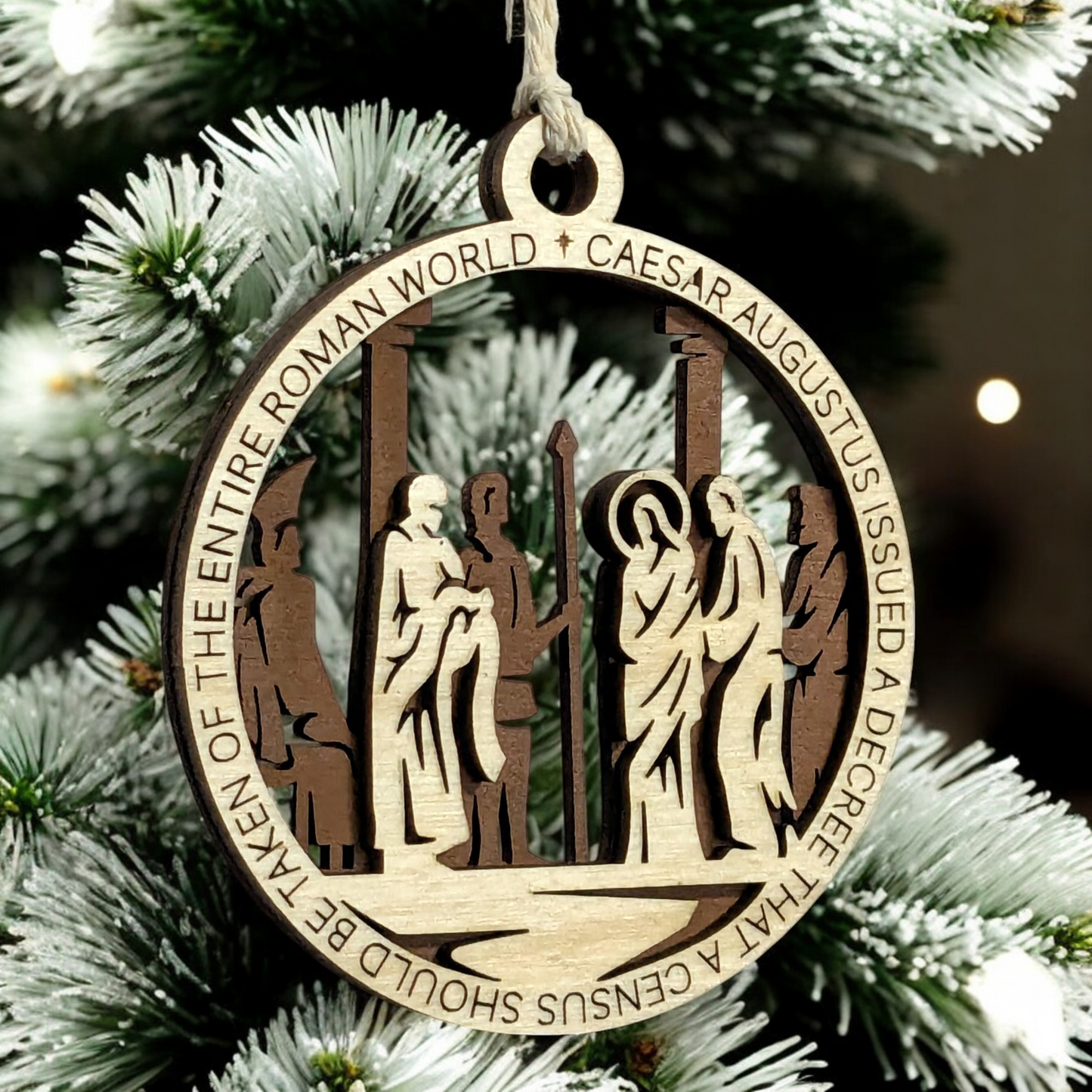 Set of 8 Handcrafted 3.5" Round Wooden Christmas Story Ornaments, 2-Layer Laser Cut Design, Natural & Stained Wood, Featuring Bible Verses Luke 2:1, 2:7, 2:10, Matthew 2:2, 2:11, Proverbs 3:6, 6:20