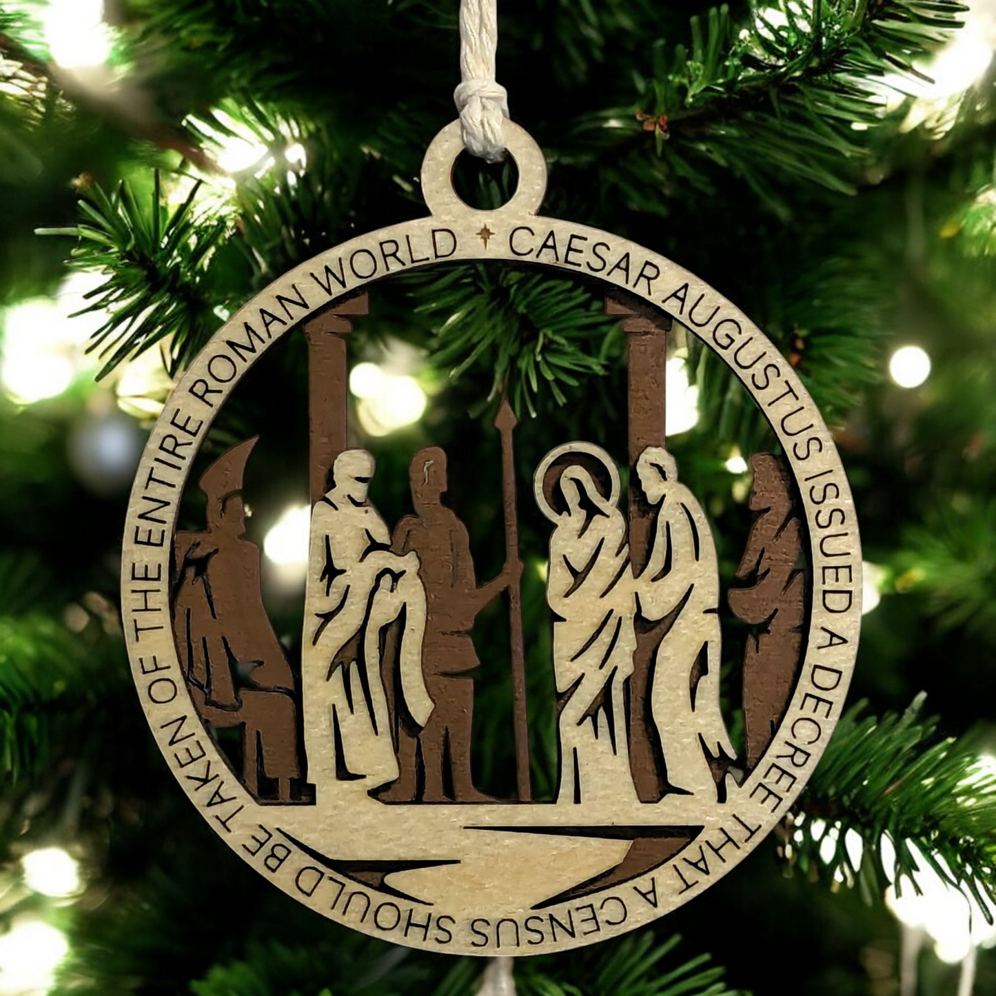Set of 8 Handcrafted 3.5" Round Wooden Christmas Story Ornaments, 2-Layer Laser Cut Design, Natural & Stained Wood, Featuring Bible Verses Luke 2:1, 2:7, 2:10, Matthew 2:2, 2:11, Proverbs 3:6, 6:20