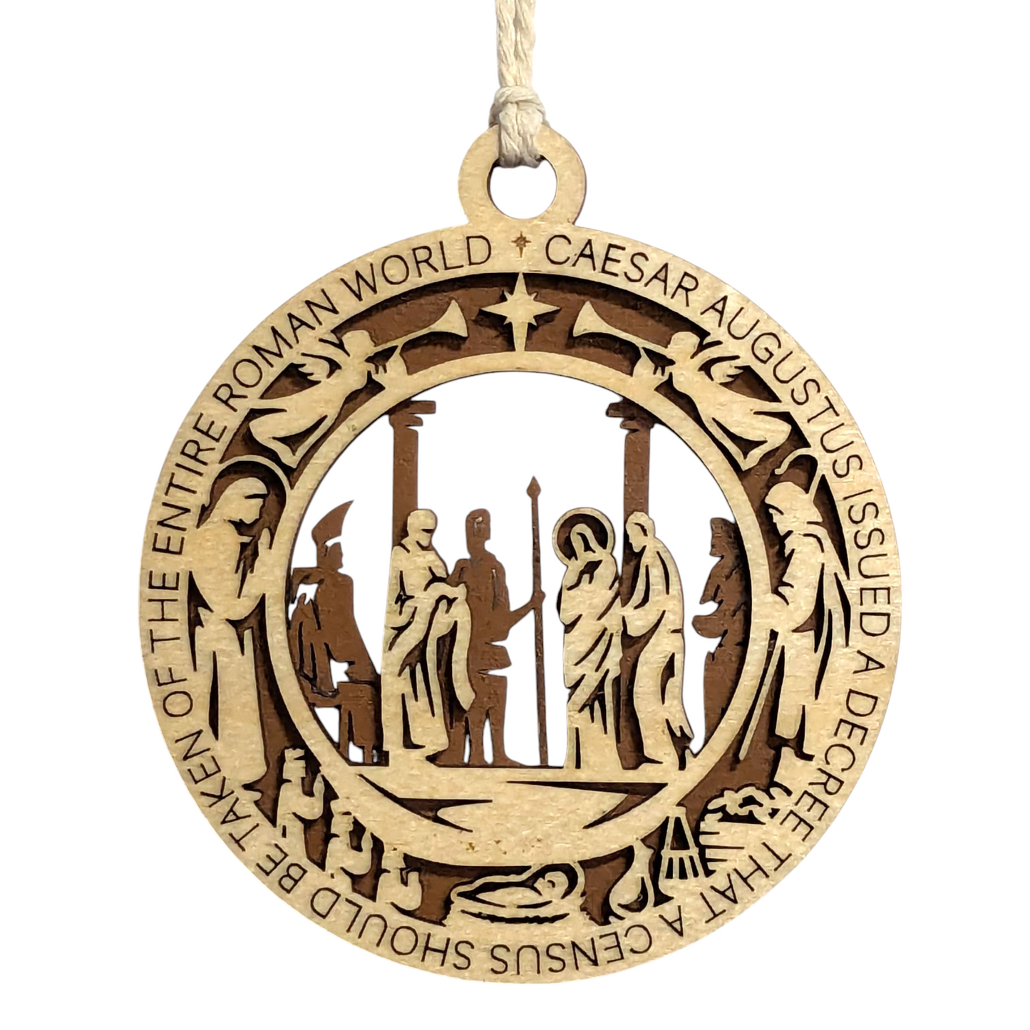 Handcrafted 3.5" Round Wooden Christmas Ornament, 2-Layer Laser Cut, Natural & Stained, Featuring Luke 2:1, Caesar's Men & Jesus Scene, Christian Icons, Made in USA, Perfect Holiday Decor Gift