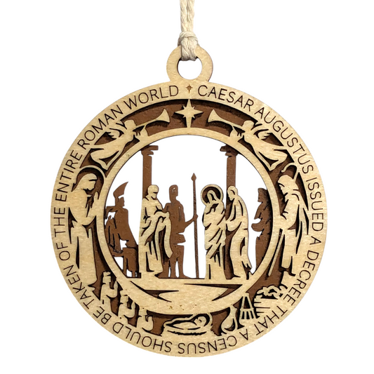 Handcrafted 3.5" Round Wooden Christmas Ornament, 2-Layer Laser Cut, Natural & Stained, Featuring Luke 2:1, Caesar's Men & Jesus Scene, Christian Icons, Made in USA, Perfect Holiday Decor Gift