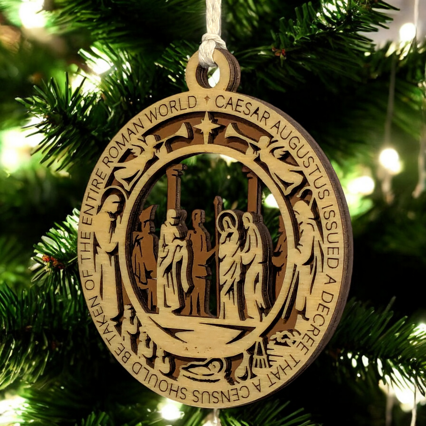 Handcrafted 3.5" Round Wooden Christmas Ornament, 2-Layer Laser Cut, Natural & Stained, Featuring Luke 2:1, Caesar's Men & Jesus Scene, Christian Icons, Made in USA, Perfect Holiday Decor Gift