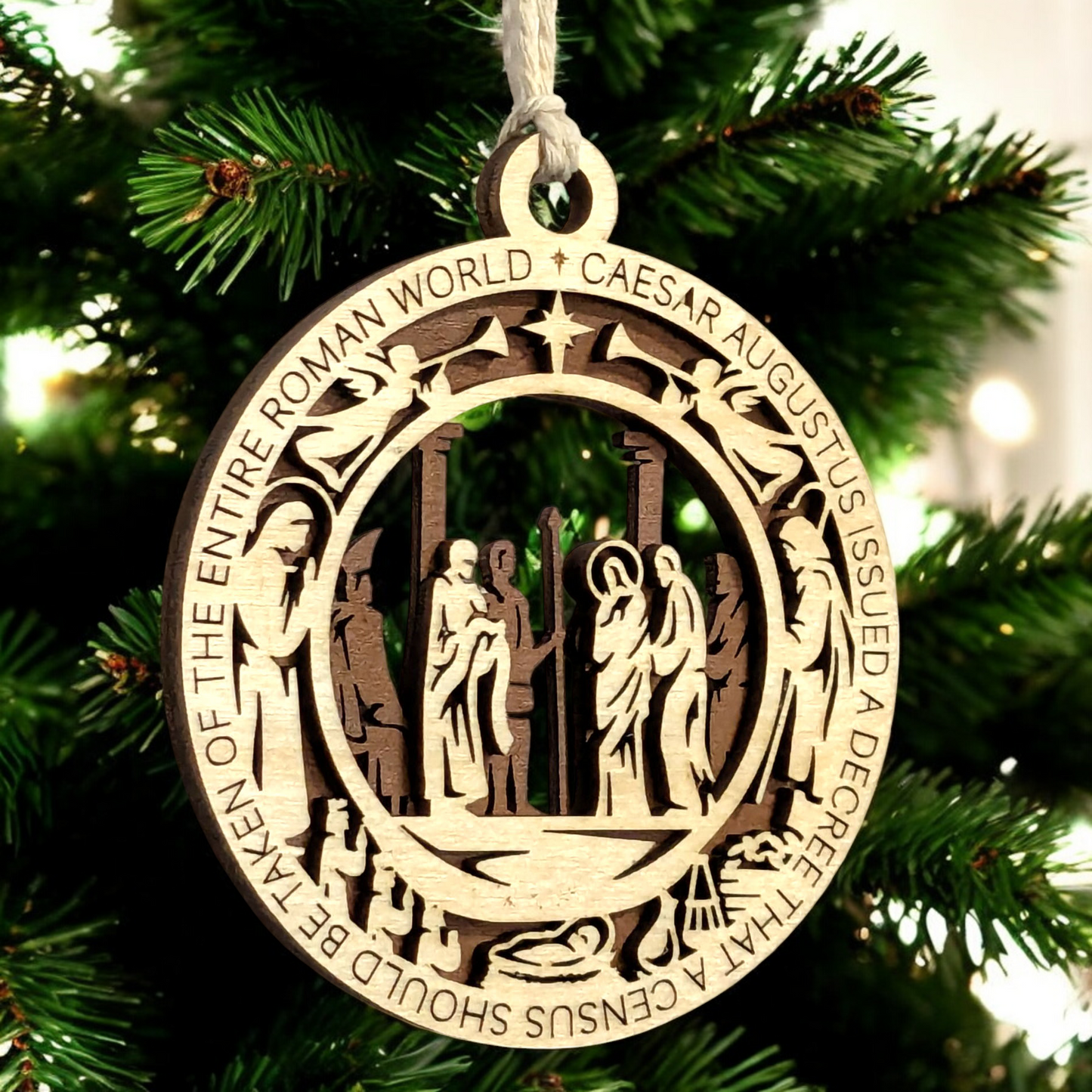 Handcrafted 3.5" Round Wooden Christmas Ornament, 2-Layer Laser Cut, Natural & Stained, Featuring Luke 2:1, Caesar's Men & Jesus Scene, Christian Icons, Made in USA, Perfect Holiday Decor Gift