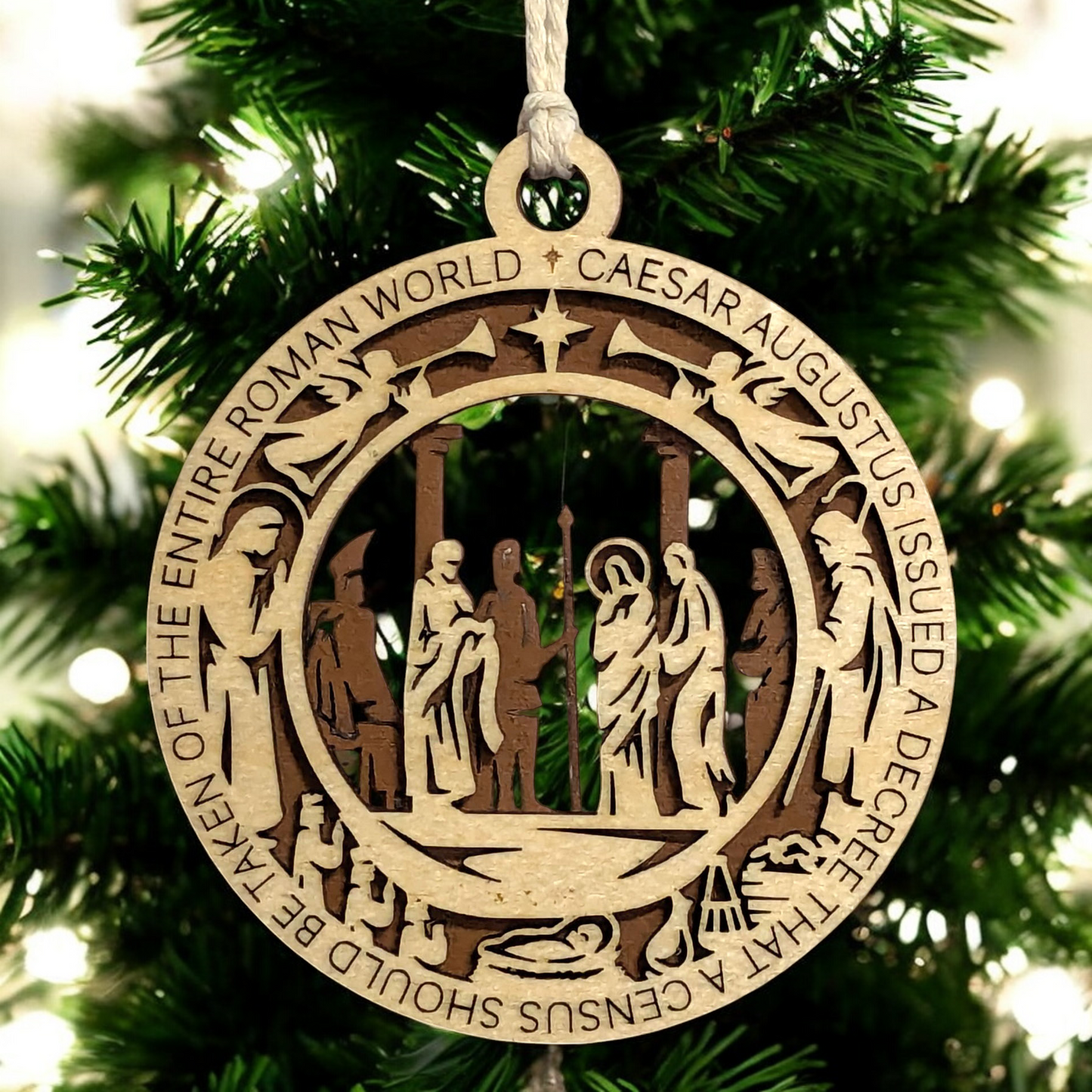 Handcrafted 3.5" Round Wooden Christmas Ornament, 2-Layer Laser Cut, Natural & Stained, Featuring Luke 2:1, Caesar's Men & Jesus Scene, Christian Icons, Made in USA, Perfect Holiday Decor Gift