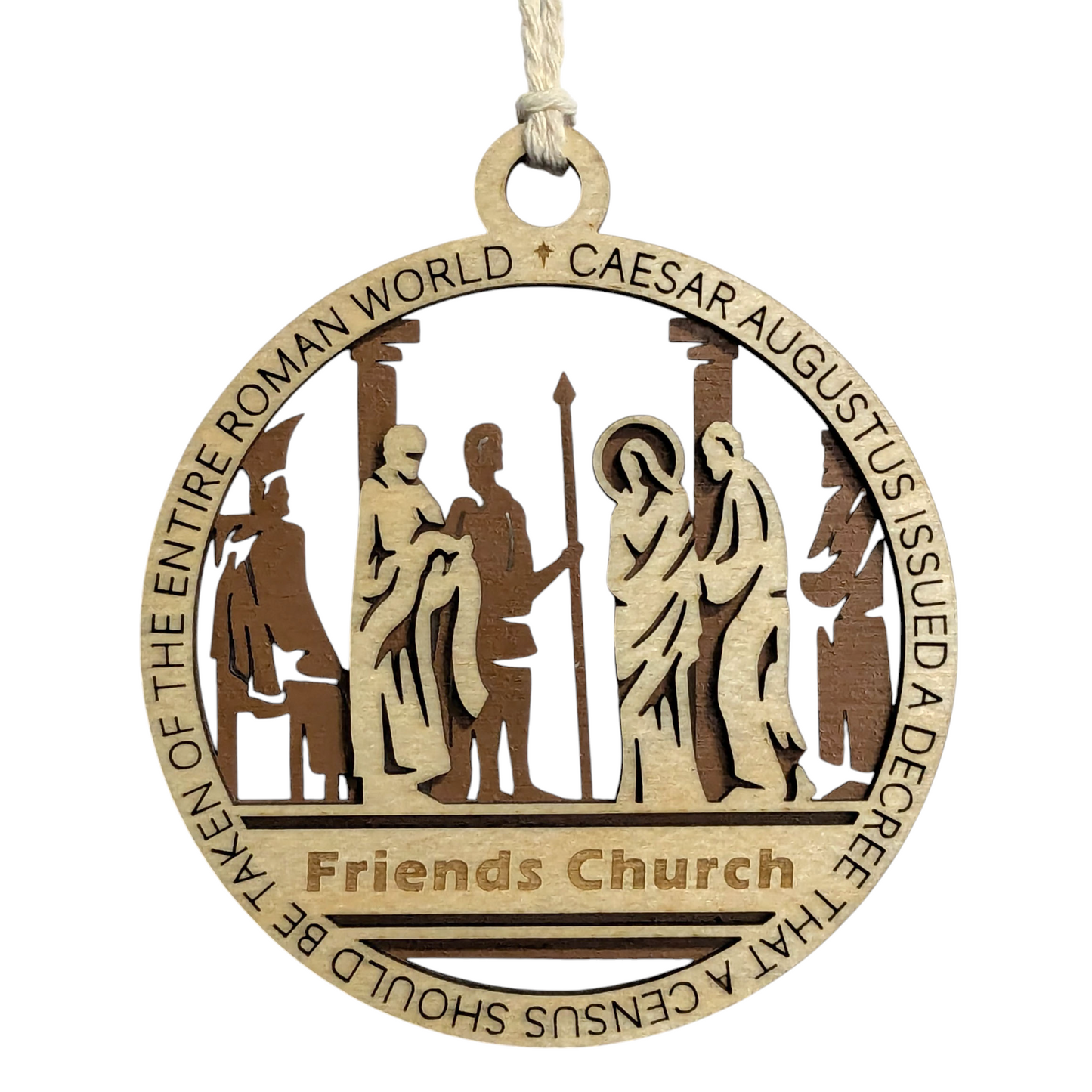 Set of 8 Handcrafted 3.5" Round Wooden Christmas Story Ornaments, 2-Layer Laser Cut, Natural & Stained, Features Bible Verses Luke 2:1, 2:7, 2:10, Matthew 2:2, 2:11, Proverbs 3:6, 6:20, Personalizable