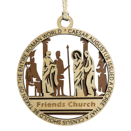 Handcrafted 3.5" Round Wooden Christmas Ornament, 2-Layer Laser Cut Design, Christmas Story Theme, Featuring Luke 2:1, Caesar's Men & Jesus Scene, Personalized Text Option, Made in USA