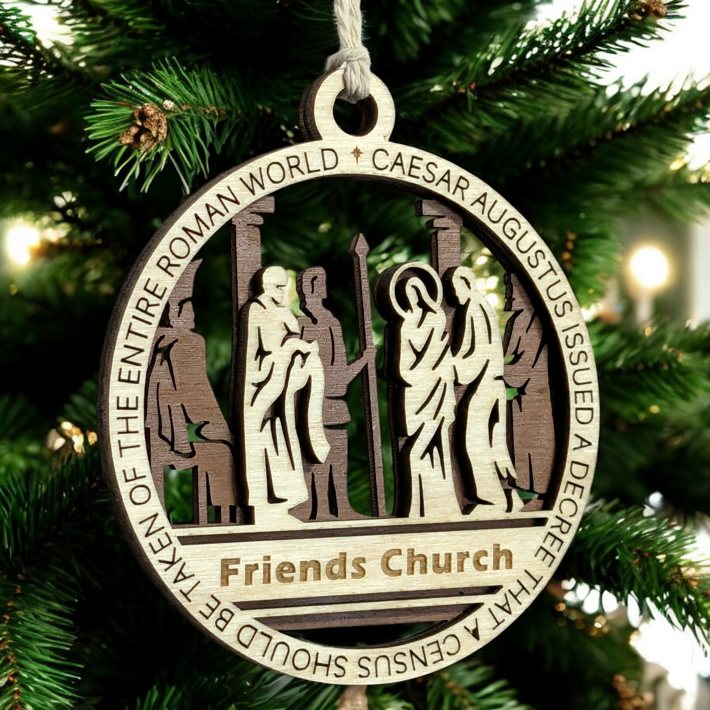 Set of 8 Handcrafted 3.5" Round Wooden Christmas Story Ornaments, 2-Layer Laser Cut, Natural & Stained, Features Bible Verses Luke 2:1, 2:7, 2:10, Matthew 2:2, 2:11, Proverbs 3:6, 6:20, Personalizable