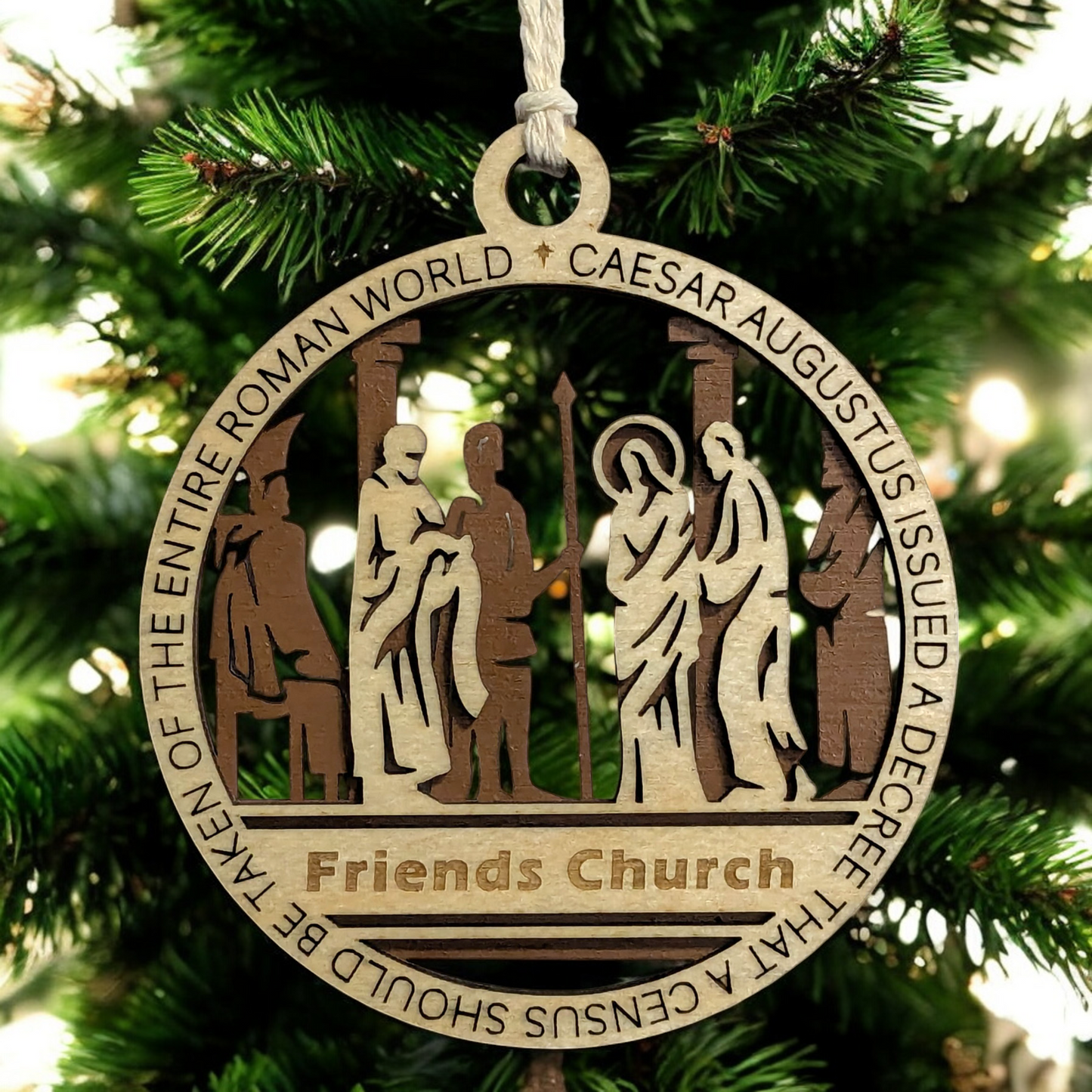 Set of 8 Handcrafted 3.5" Round Wooden Christmas Story Ornaments, 2-Layer Laser Cut, Natural & Stained, Features Bible Verses Luke 2:1, 2:7, 2:10, Matthew 2:2, 2:11, Proverbs 3:6, 6:20, Personalizable