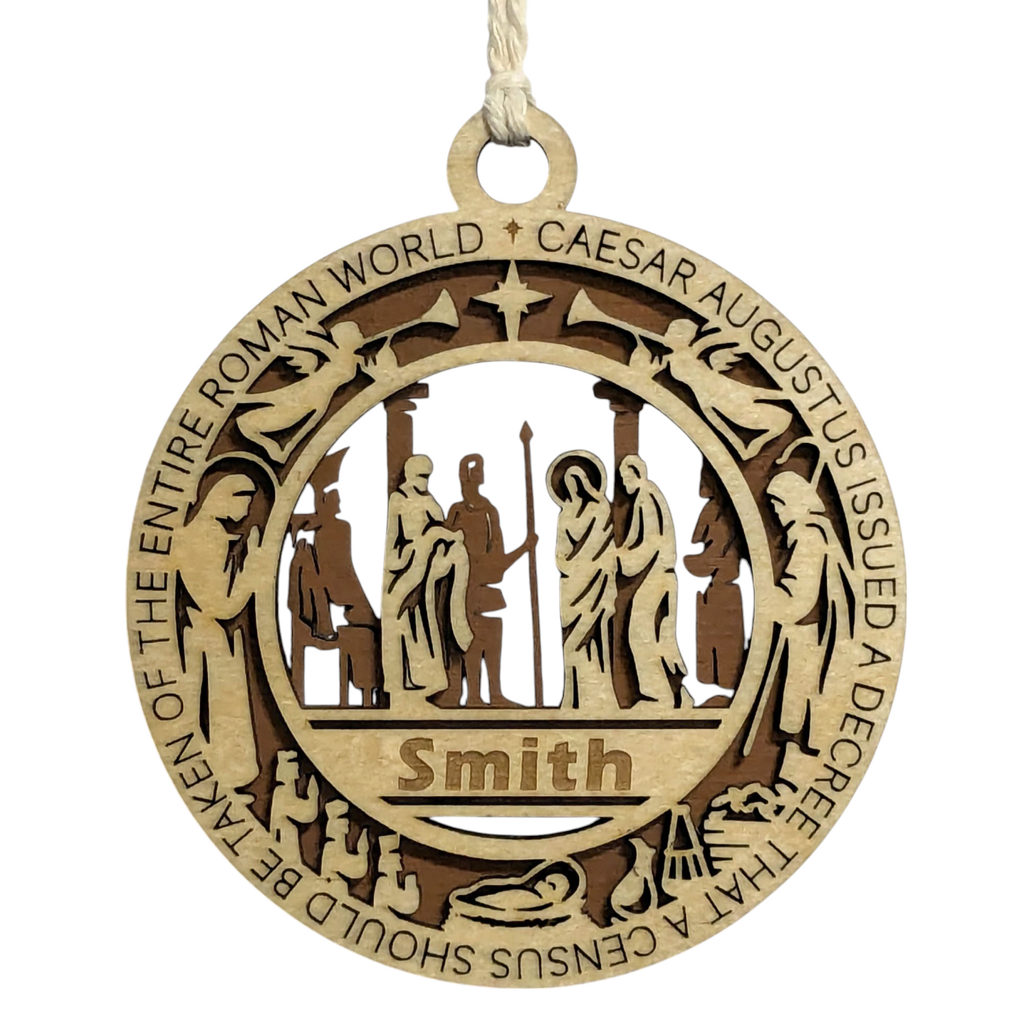 Handcrafted 3.5" Wooden Christmas Ornament, Laser Cut 2-Layer Design, Luke 2:1 Bible Verse, Nativity Scene, Personalizable, USA Made, Christian Icons, Perfect Holiday Gift, Unique Decor