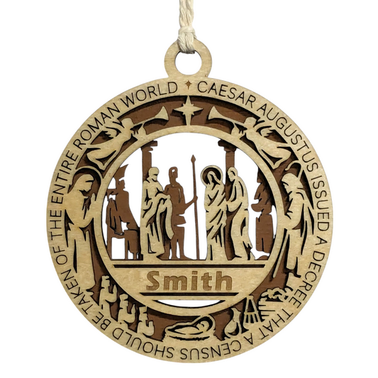 Handcrafted 3.5" Wooden Christmas Ornament, Laser Cut 2-Layer Design, Luke 2:1 Bible Verse, Nativity Scene, Personalizable, USA Made, Christian Icons, Perfect Holiday Gift, Unique Decor