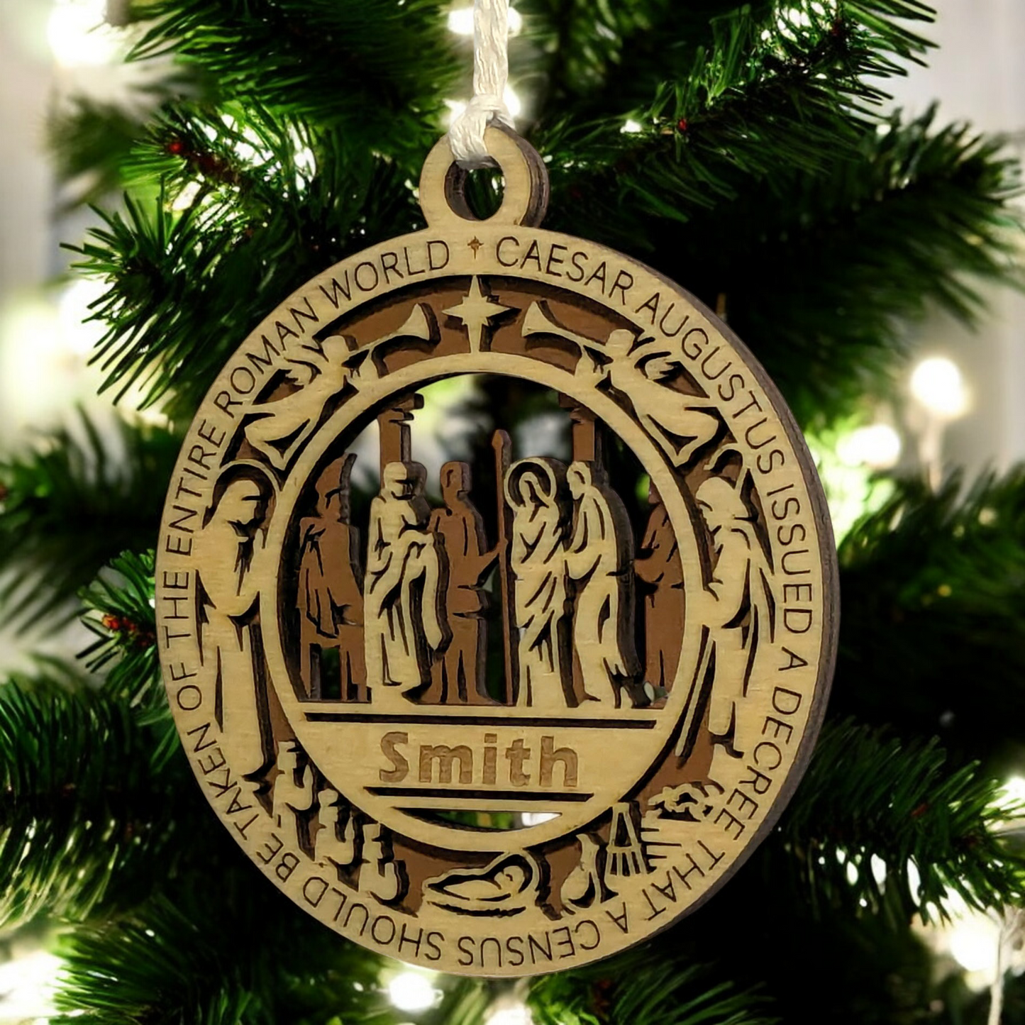 Handcrafted 3.5" Wooden Christmas Ornament, Laser Cut 2-Layer Design, Luke 2:1 Bible Verse, Nativity Scene, Personalizable, USA Made, Christian Icons, Perfect Holiday Gift, Unique Decor