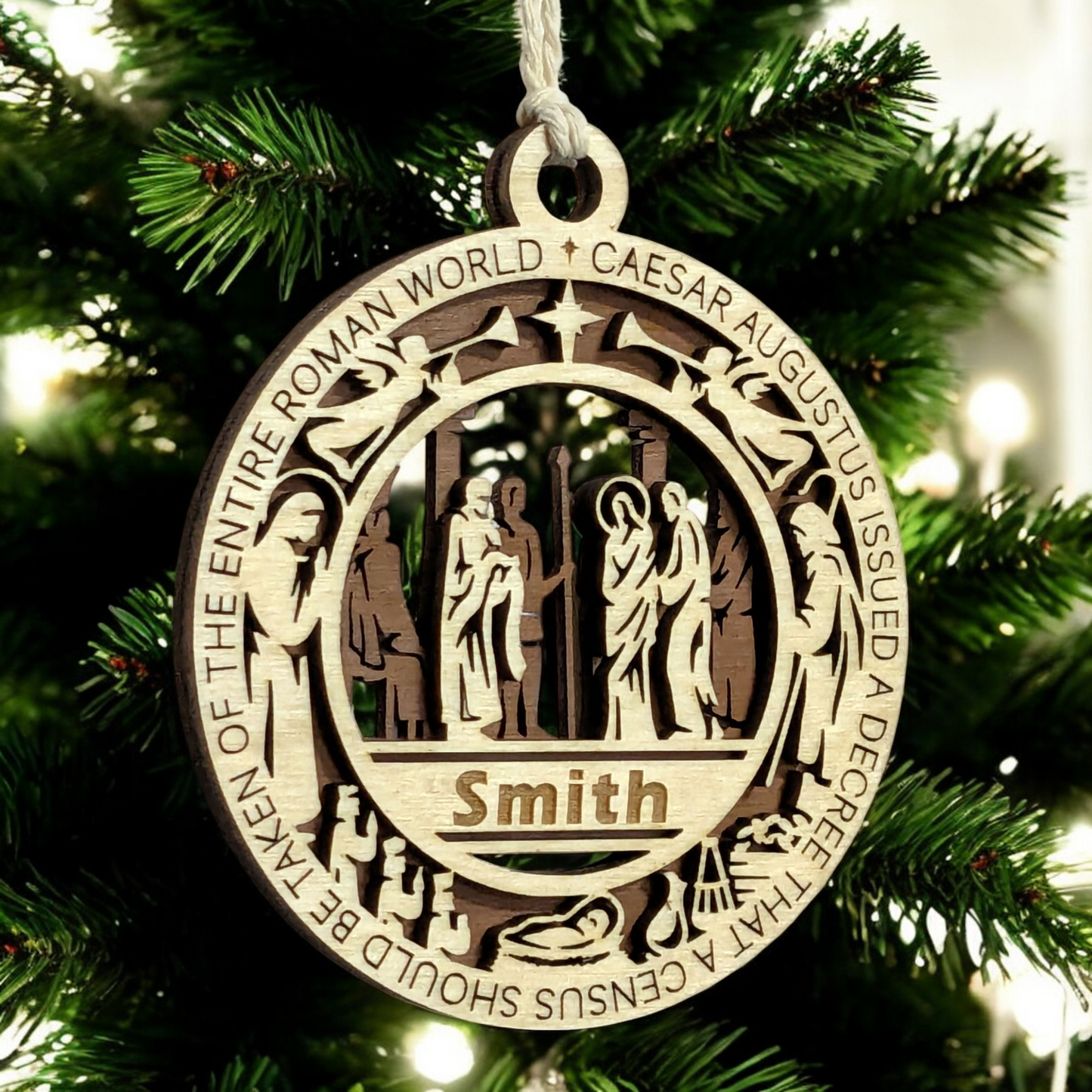 Set of 8 Handcrafted 3.5" Round Wooden Christmas Story Ornaments, 2-Layer Laser Cut, Natural & Stained, Featuring Bible Verses & Icons, Personalizable, Made in USA - Perfect Holiday Decor Gift