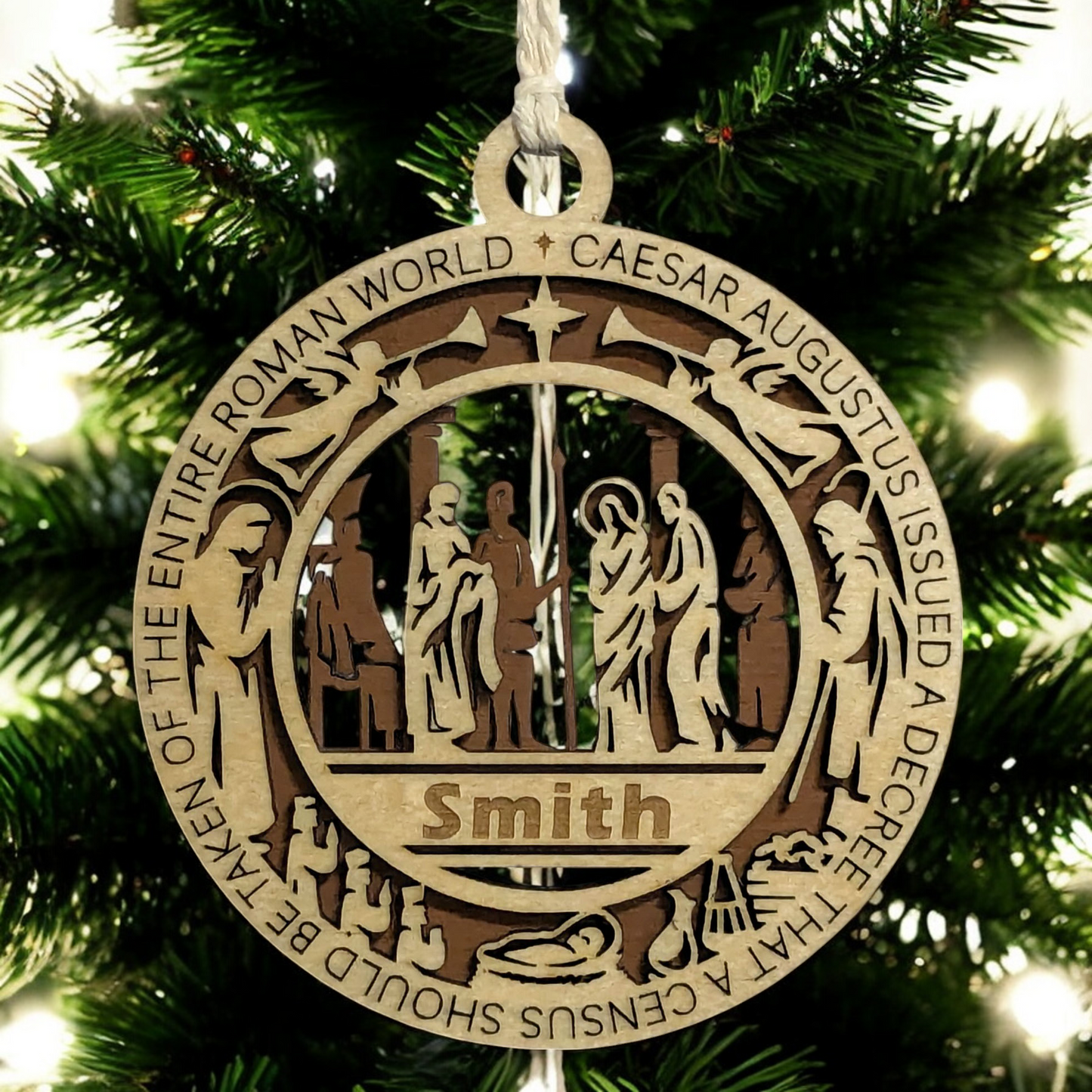 Set of 8 Handcrafted 3.5" Round Wooden Christmas Story Ornaments, 2-Layer Laser Cut, Natural & Stained, Featuring Bible Verses & Icons, Personalizable, Made in USA - Perfect Holiday Decor Gift