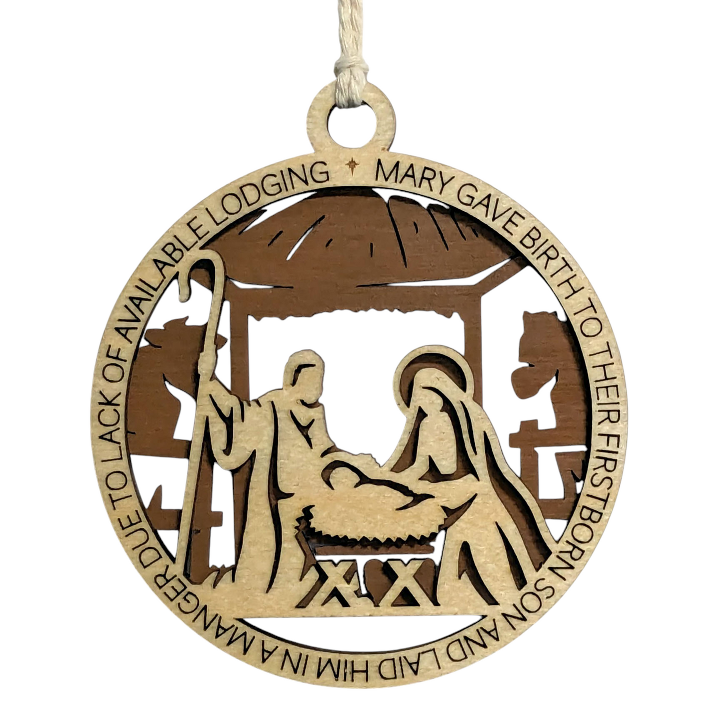 Handcrafted 3.5" Round Wooden Christmas Ornament, 2-Layer Laser Cut Design, Natural & Stained Wood, Featuring Luke 2:7 Bible Verse, Manger Scene with Mary, Joseph & Baby Jesus, Made in USA