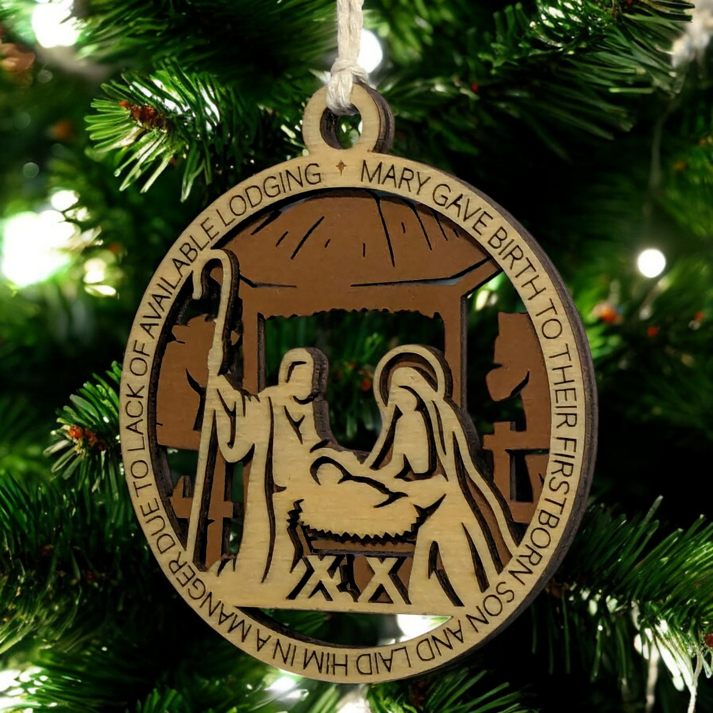 Handcrafted 3.5" Round Wooden Christmas Ornament, 2-Layer Laser Cut Design, Natural & Stained Wood, Featuring Luke 2:7 Bible Verse, Manger Scene with Mary, Joseph & Baby Jesus, Made in USA