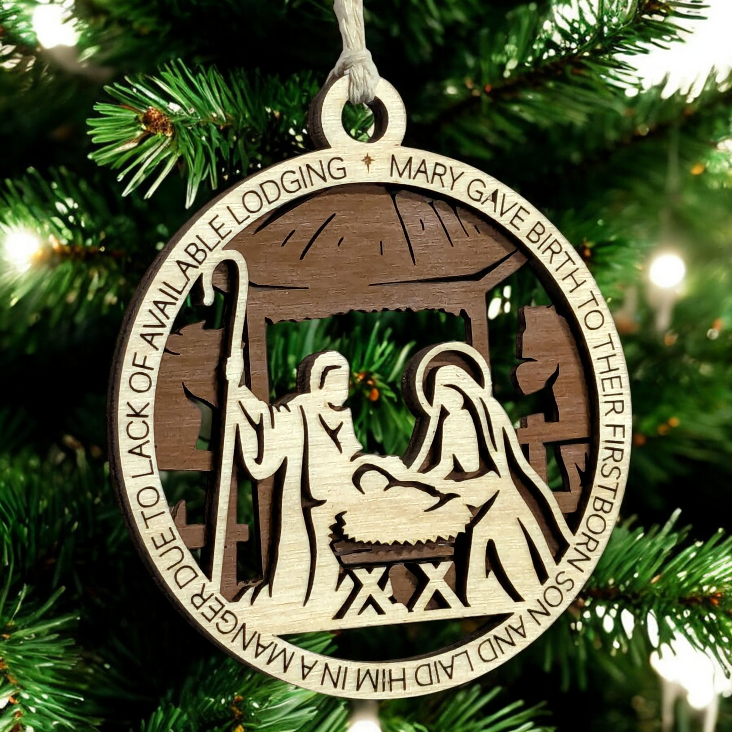 Handcrafted 3.5" Round Wooden Christmas Ornament, 2-Layer Laser Cut Design, Natural & Stained Wood, Featuring Luke 2:7 Bible Verse, Manger Scene with Mary, Joseph & Baby Jesus, Made in USA