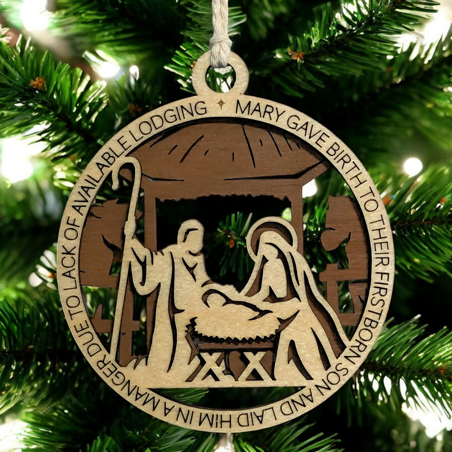 Handcrafted 3.5" Round Wooden Christmas Ornament, 2-Layer Laser Cut Design, Natural & Stained Wood, Featuring Luke 2:7 Bible Verse, Manger Scene with Mary, Joseph & Baby Jesus, Made in USA