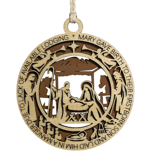 Handcrafted 3.5" Wooden Christmas Ornament, 2-Layer Laser Cut, Featuring Luke 2:7 Manger Scene with Mary, Joseph & Baby Jesus, Christian Icons, Made in USA, Perfect Holiday Decor Gift