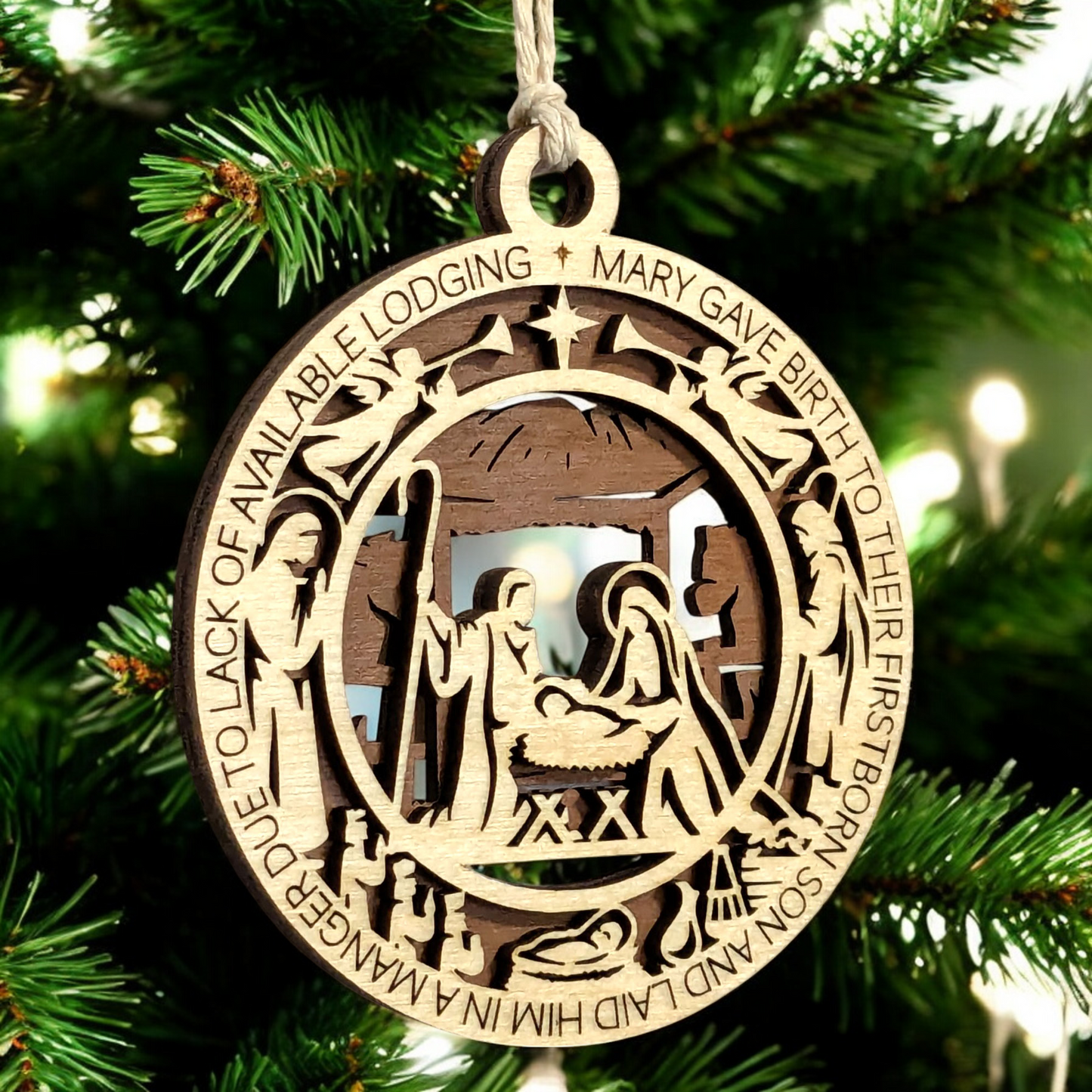 Handcrafted 3.5" Wooden Christmas Ornament, 2-Layer Laser Cut, Featuring Luke 2:7 Manger Scene with Mary, Joseph & Baby Jesus, Christian Icons, Made in USA, Perfect Holiday Decor Gift