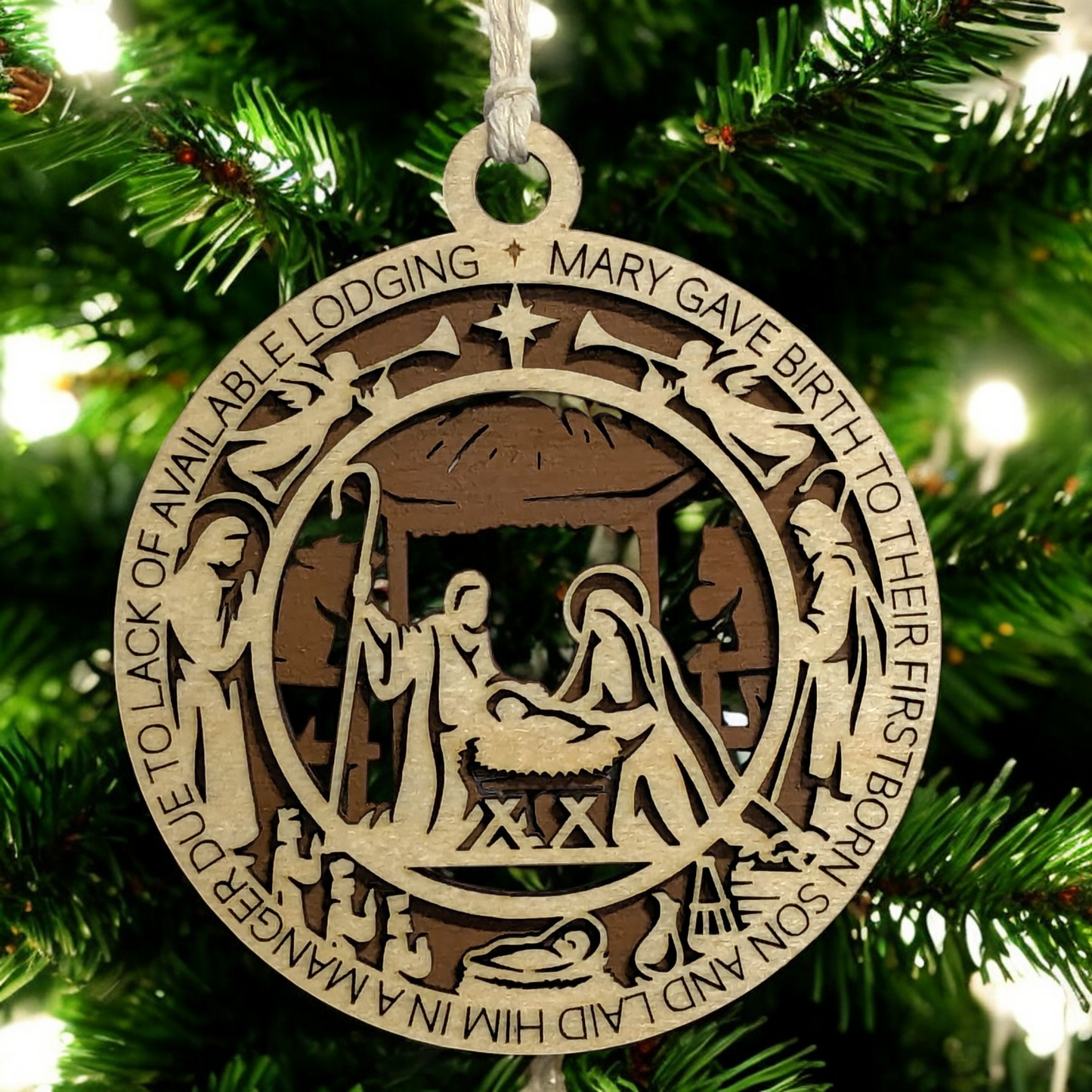Handcrafted 3.5" Wooden Christmas Ornament, 2-Layer Laser Cut, Featuring Luke 2:7 Manger Scene with Mary, Joseph & Baby Jesus, Christian Icons, Made in USA, Perfect Holiday Decor Gift