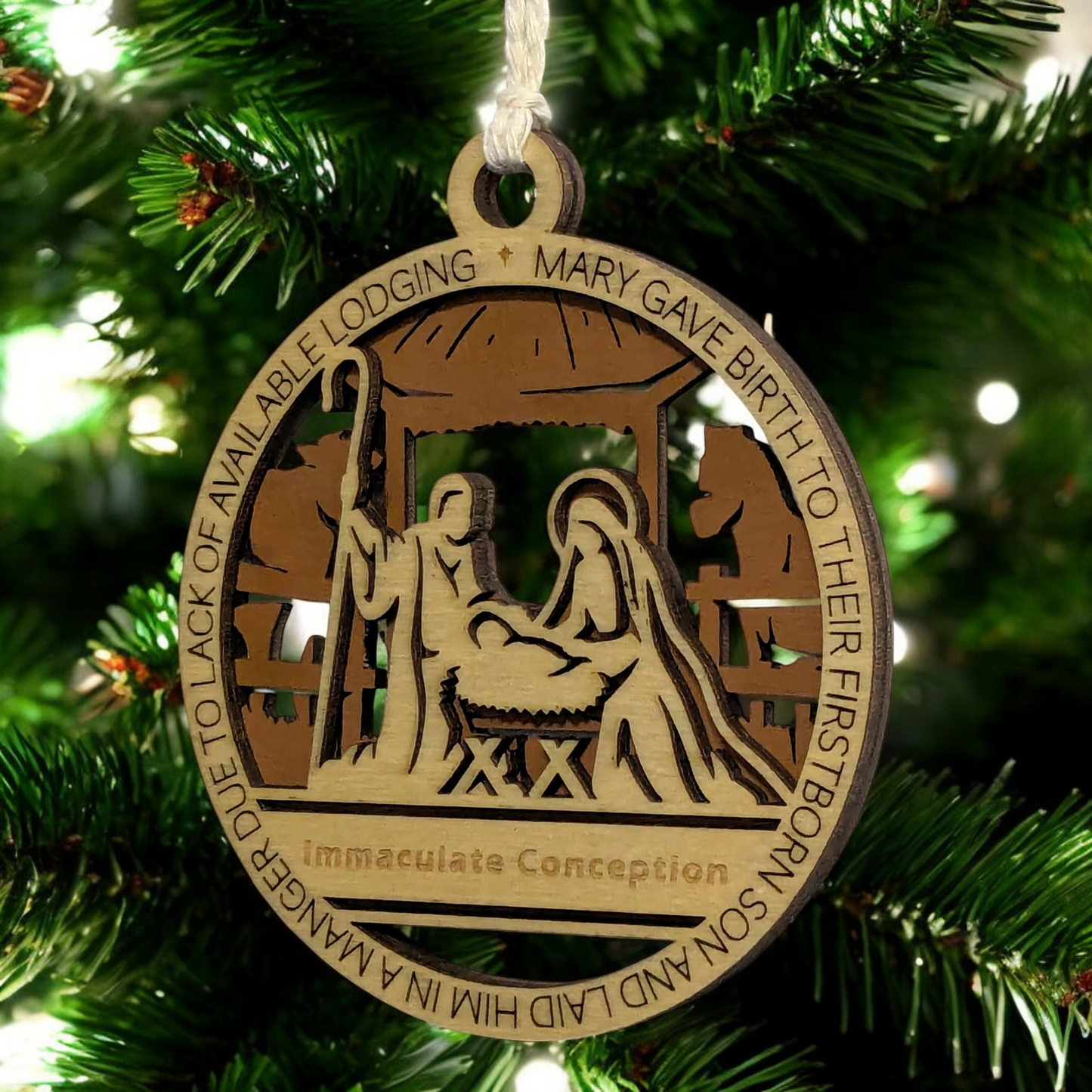 Handcrafted 3.5" Round Wooden Christmas Ornament, 2-Layer Laser Cut Design, Natural & Stained Wood, Featuring Luke 2:7 Manger Scene with Mary, Joseph & Baby Jesus, Personalize with Name, USA Made