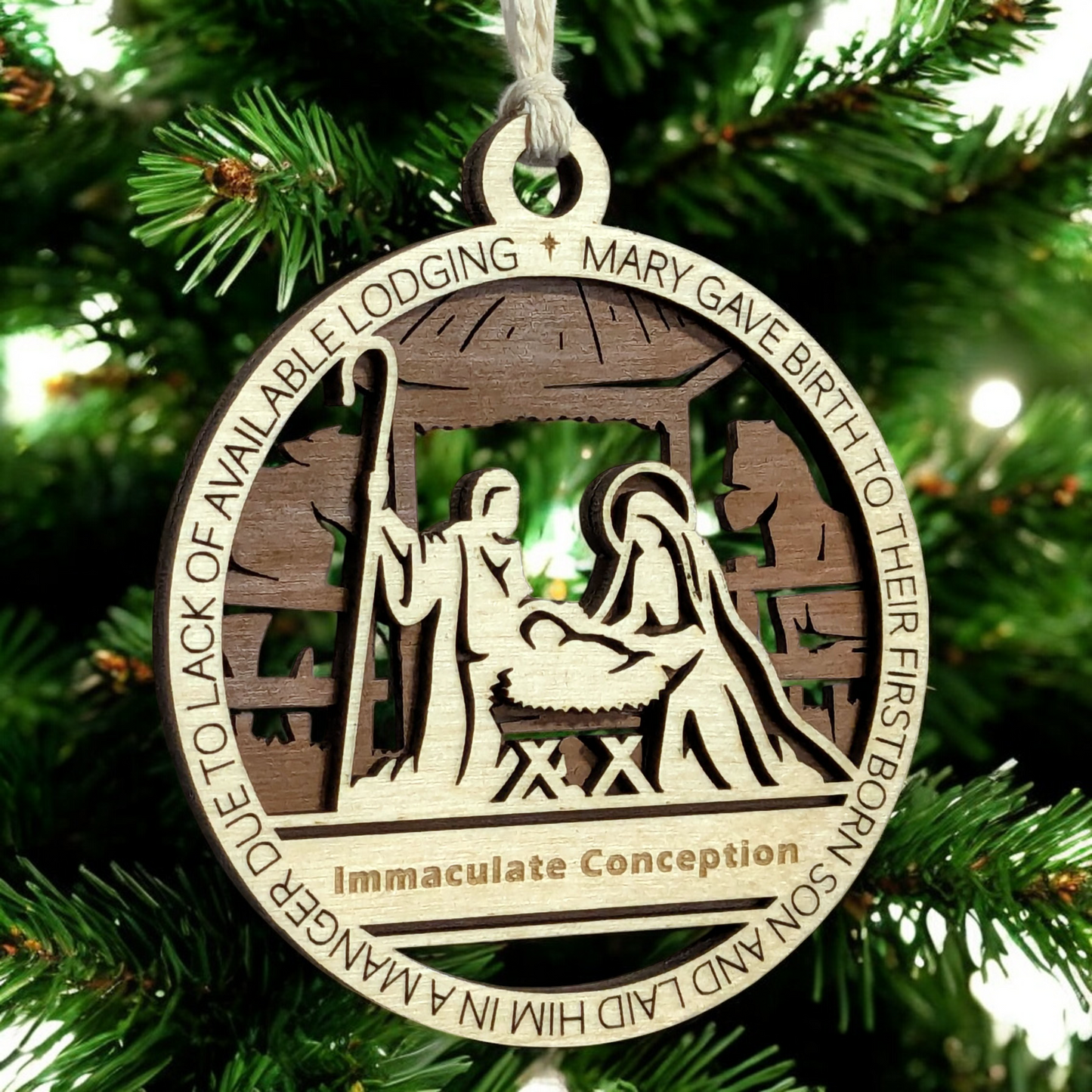Handcrafted 3.5" Round Wooden Christmas Ornament, 2-Layer Laser Cut Design, Natural & Stained Wood, Featuring Luke 2:7 Manger Scene with Mary, Joseph & Baby Jesus, Personalize with Name, USA Made