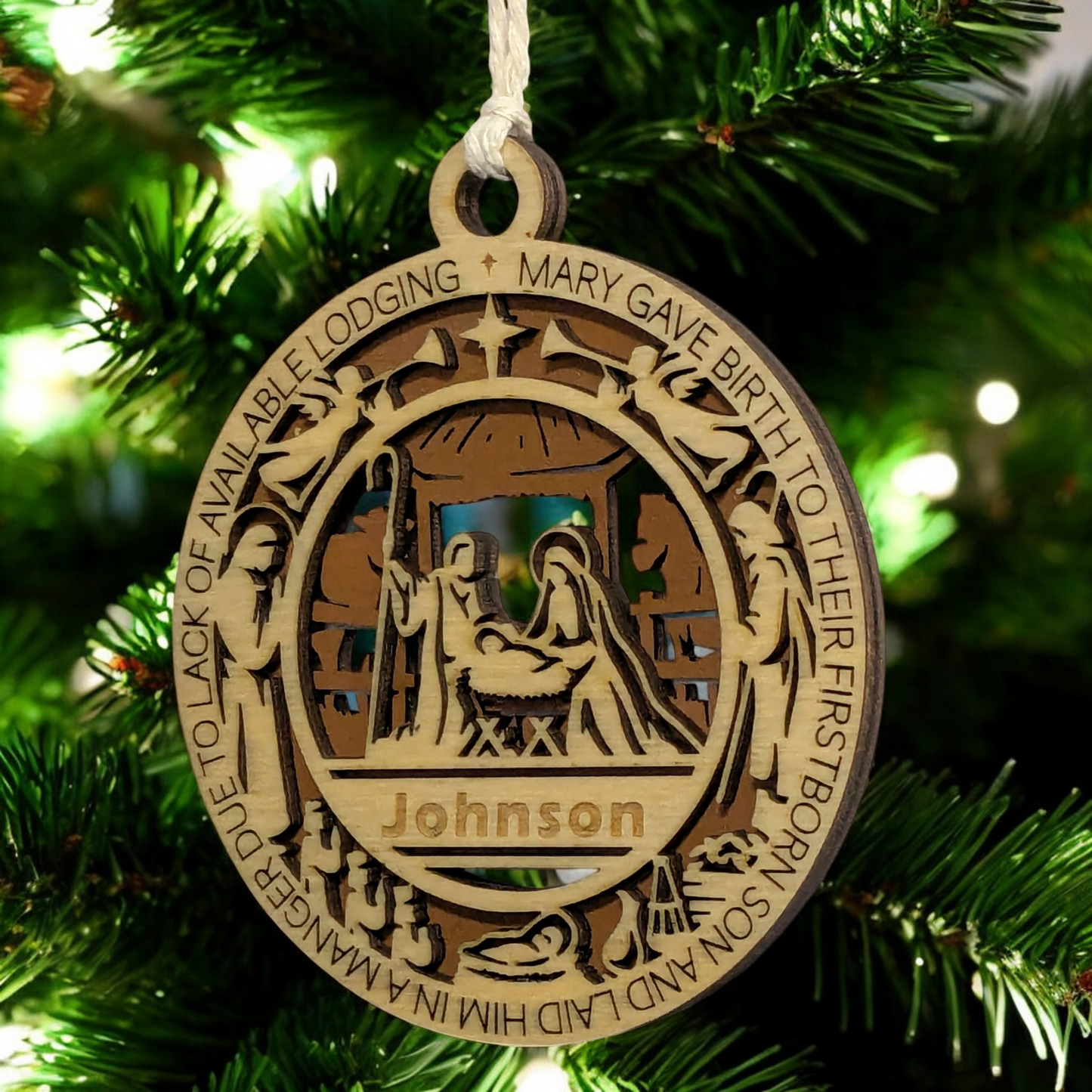 Handcrafted 3.5" Wooden Christmas Ornament, 2-Layer Laser Cut, Luke 2:7 Manger Scene, Personalized Text Option, Christian Icons, Made in USA, Perfect Holiday Gift, Unique Decor Keepsake