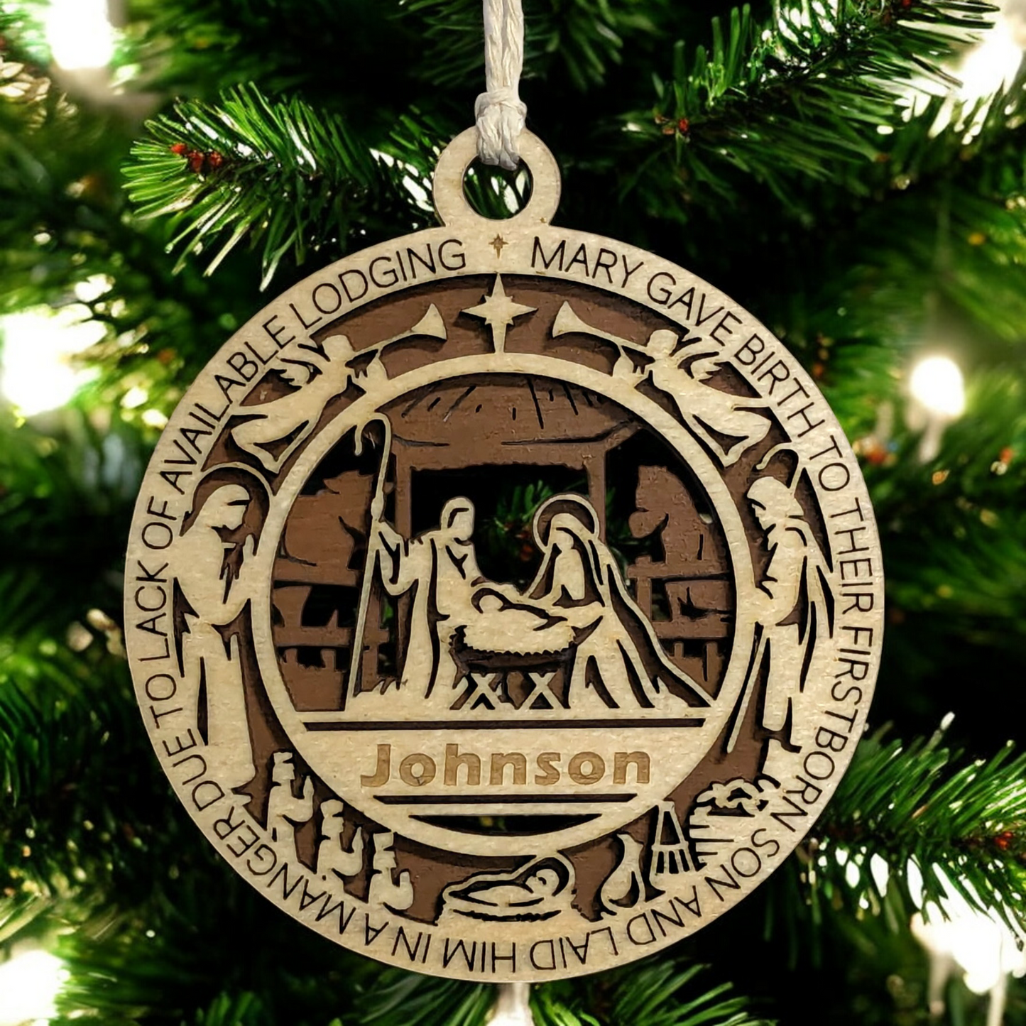 Handcrafted 3.5" Wooden Christmas Ornament, 2-Layer Laser Cut, Luke 2:7 Manger Scene, Personalized Text Option, Christian Icons, Made in USA, Perfect Holiday Gift, Unique Decor Keepsake